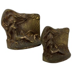 Vintage Set of Heavy Bronzed Cast Iron Nude Woman Bookends