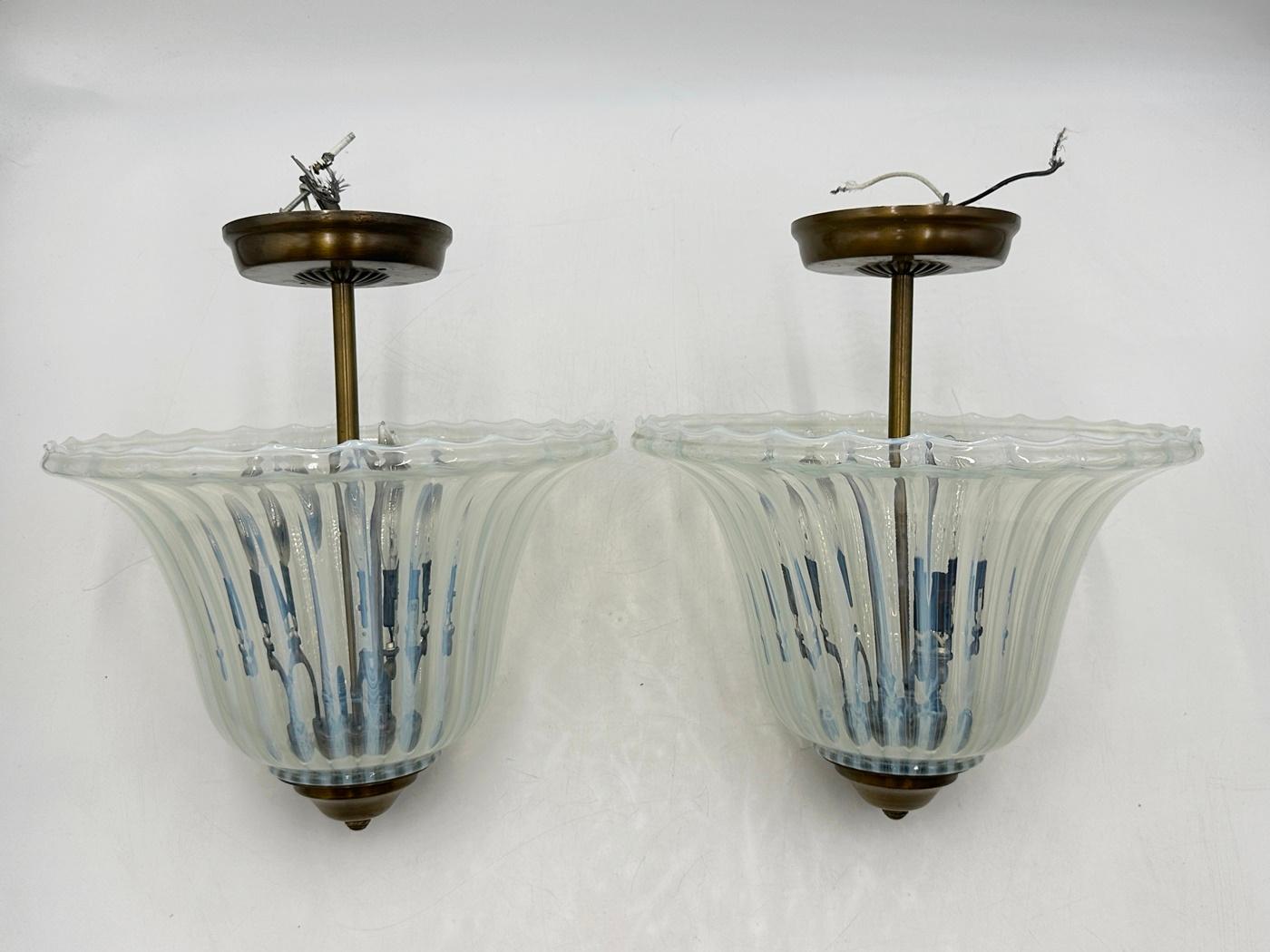 Mid-Century Modern Vintage Set of Murano Glass & Brass Pendant Lights, Italy 1960's For Sale