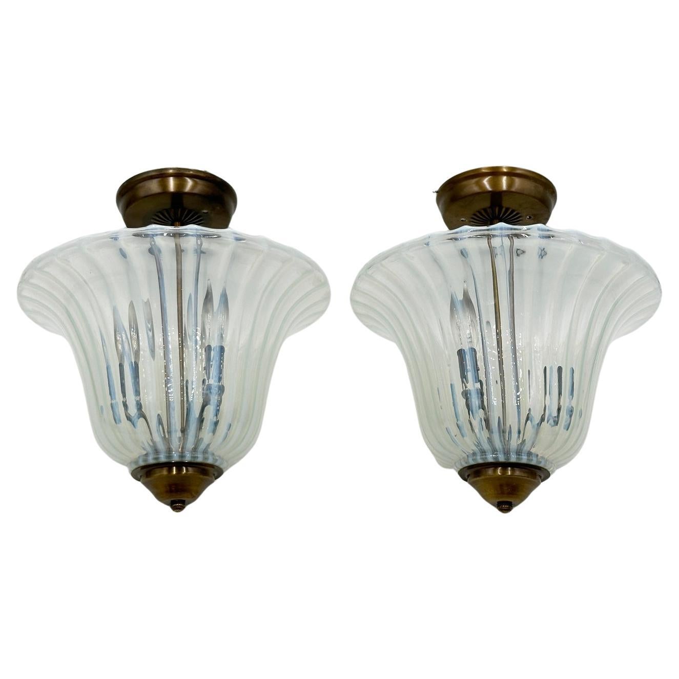 Vintage Set of Murano Glass & Brass Pendant Lights, Italy 1960's For Sale
