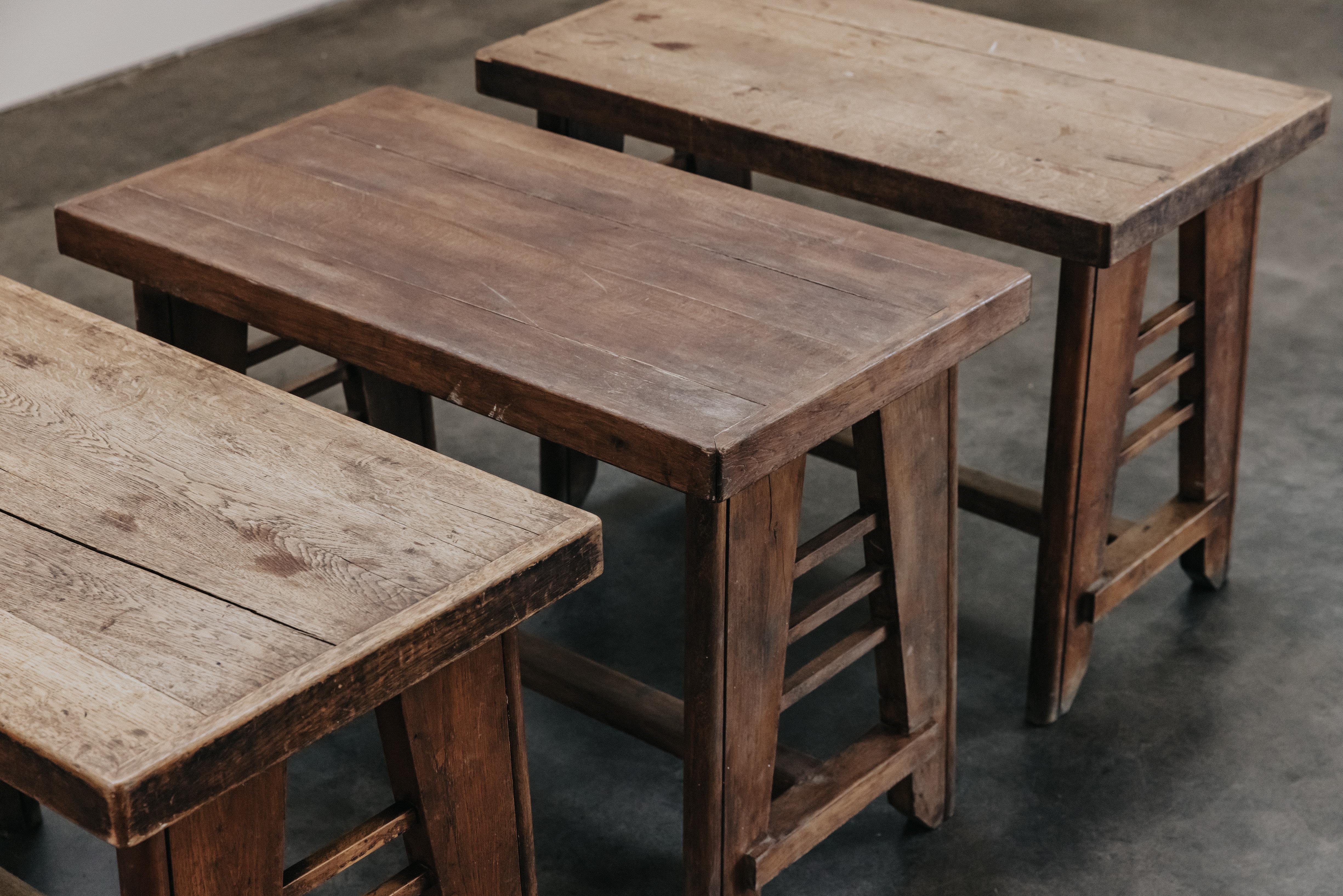 Vintage Set Of Oak Bistro Tables From France, Circa 1960.  Solid oak construction with fantastic original patina and use.