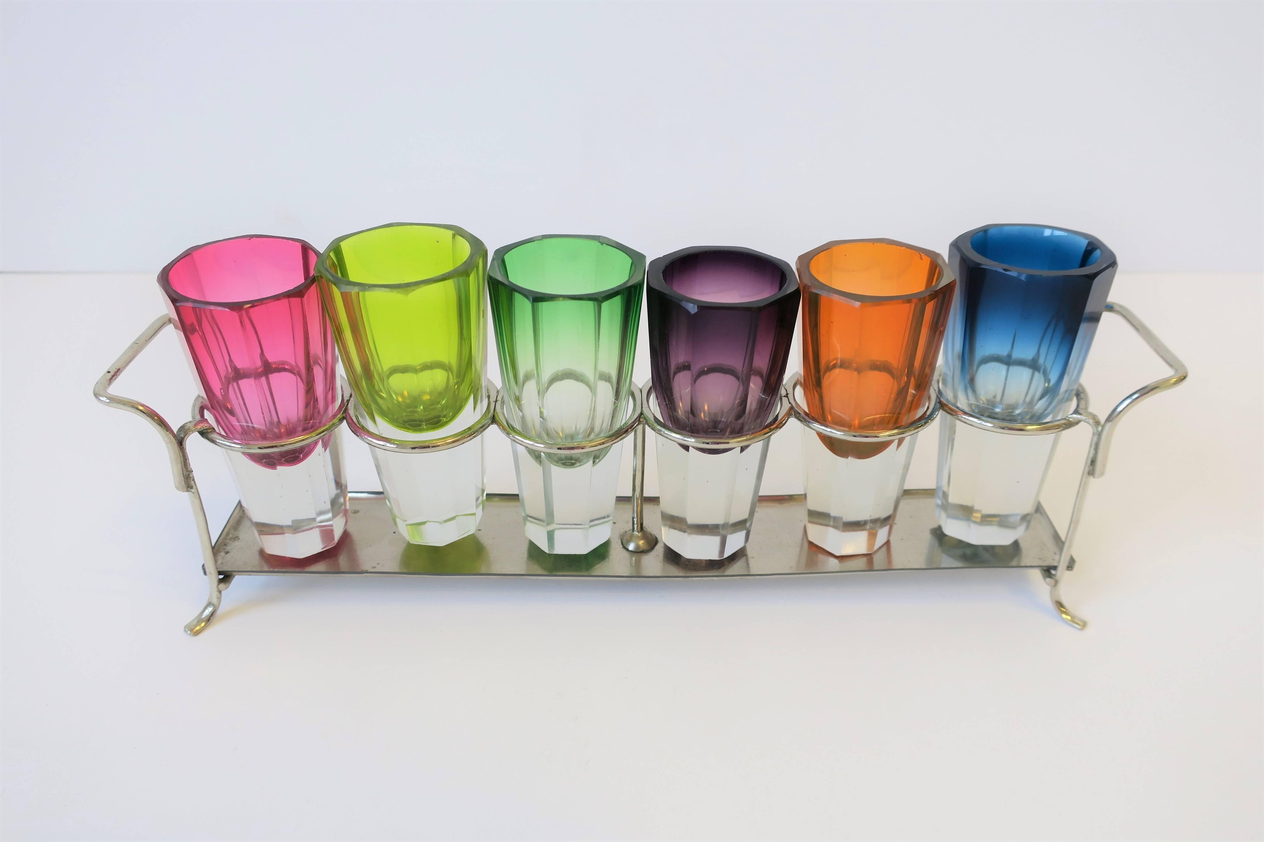 Pink Blue Green Bohemian Crystal Shot Glasses after Baccarat, Set of 6 7