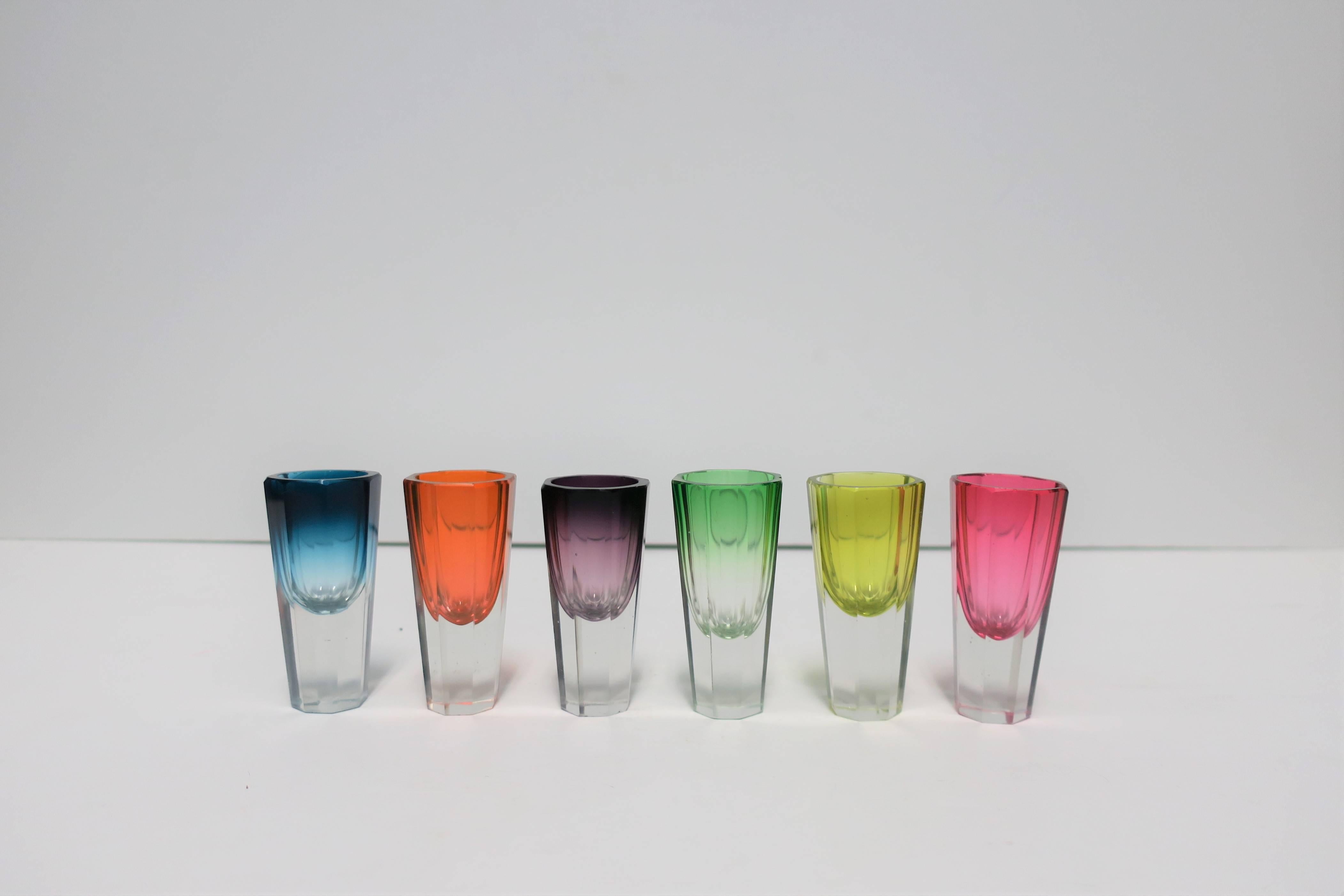 Czech Pink Blue Green Bohemian Crystal Shot Glasses after Baccarat, Set of 6