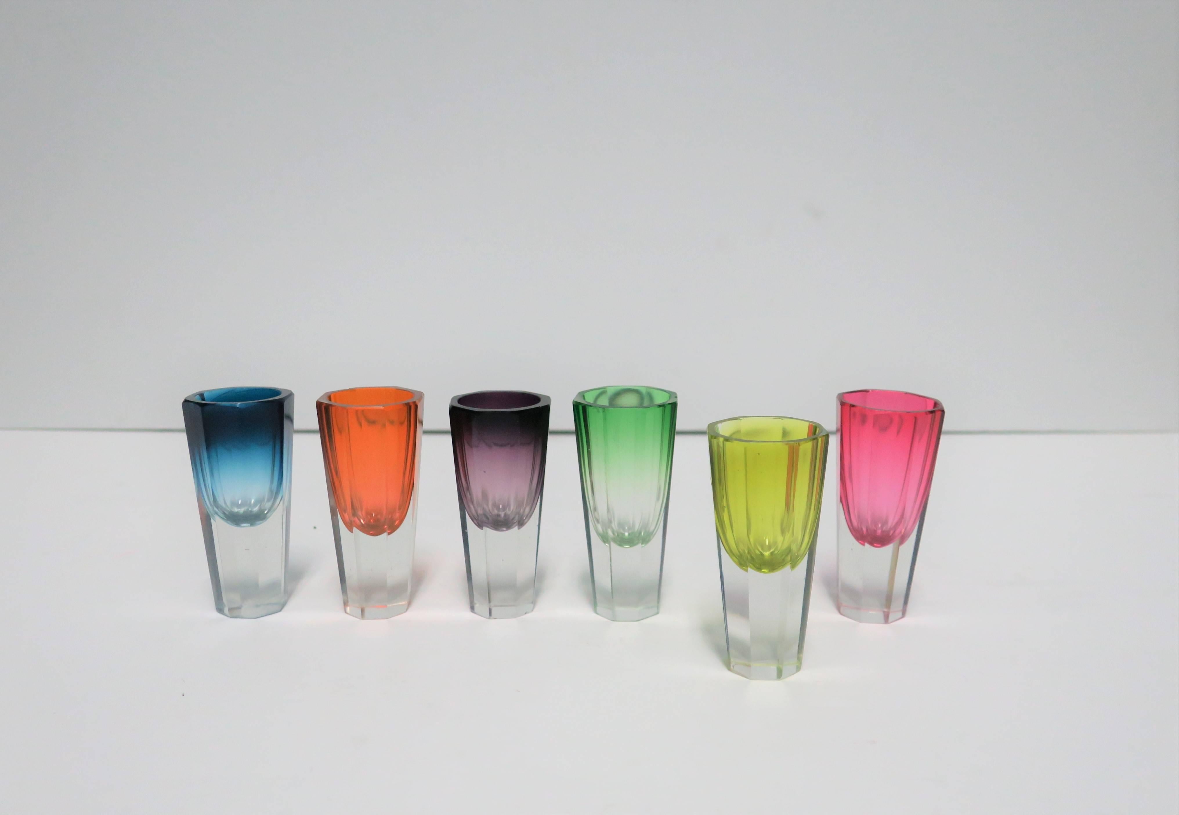 Pink Blue Green Bohemian Crystal Shot Glasses after Baccarat, Set of 6 In Good Condition In New York, NY