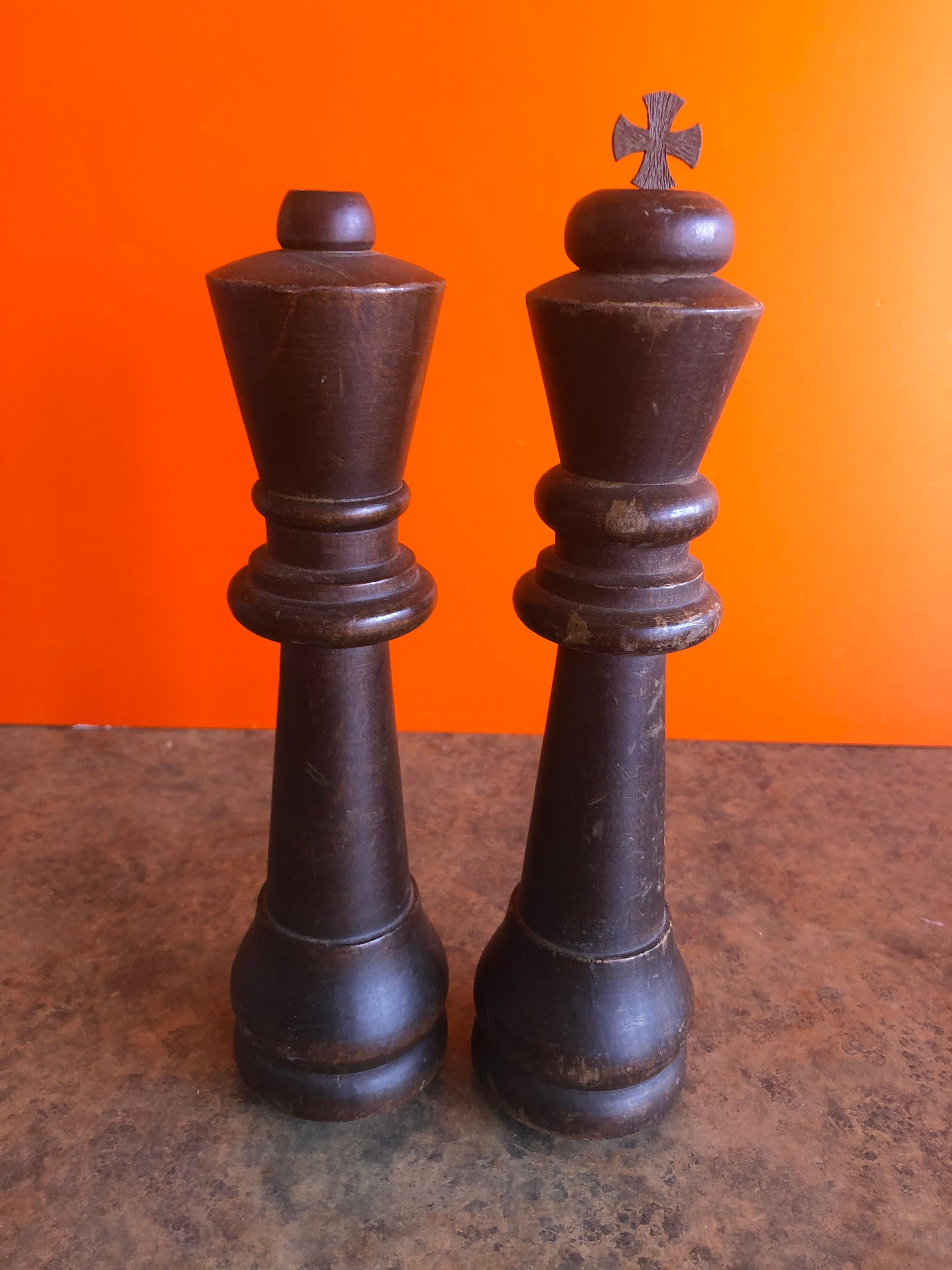 American Vintage Set of Oversized Hand Carved Wooden Chess Pieces