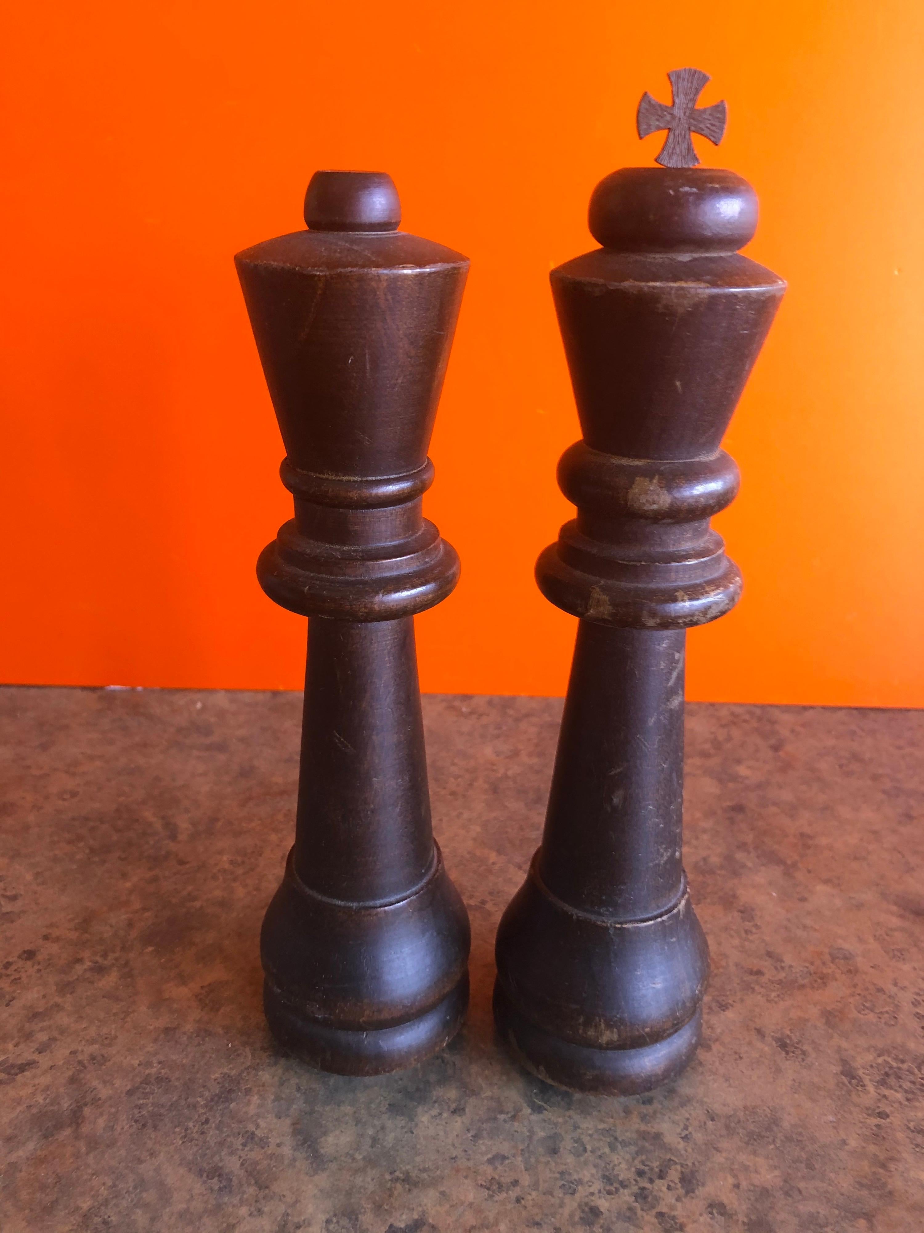 Hand-Carved Vintage Set of Oversized Hand Carved Wooden Chess Pieces