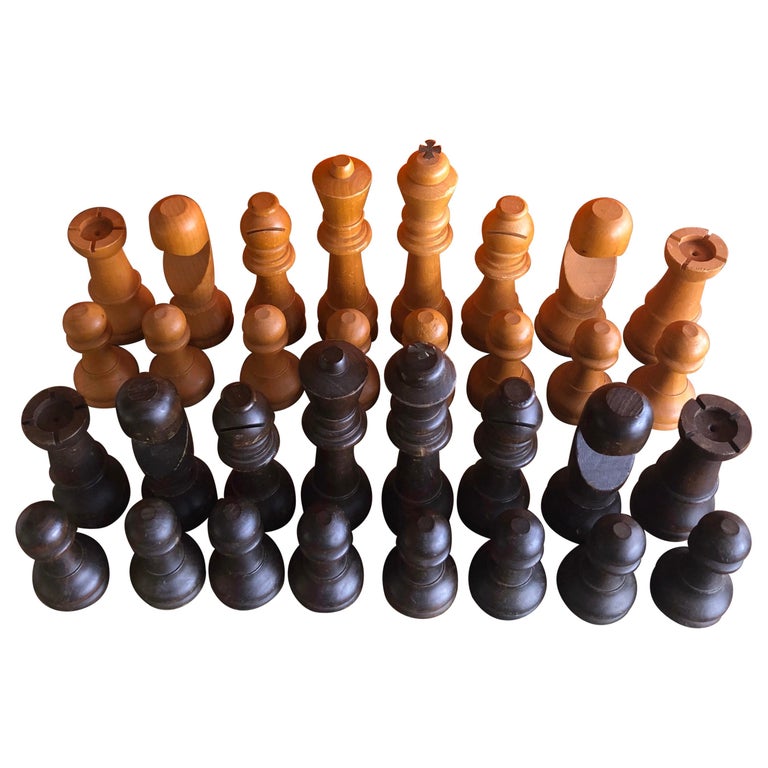 Vintage Set Of Oversized Hand Carved, Antique Hand Carved Wooden Chess Set