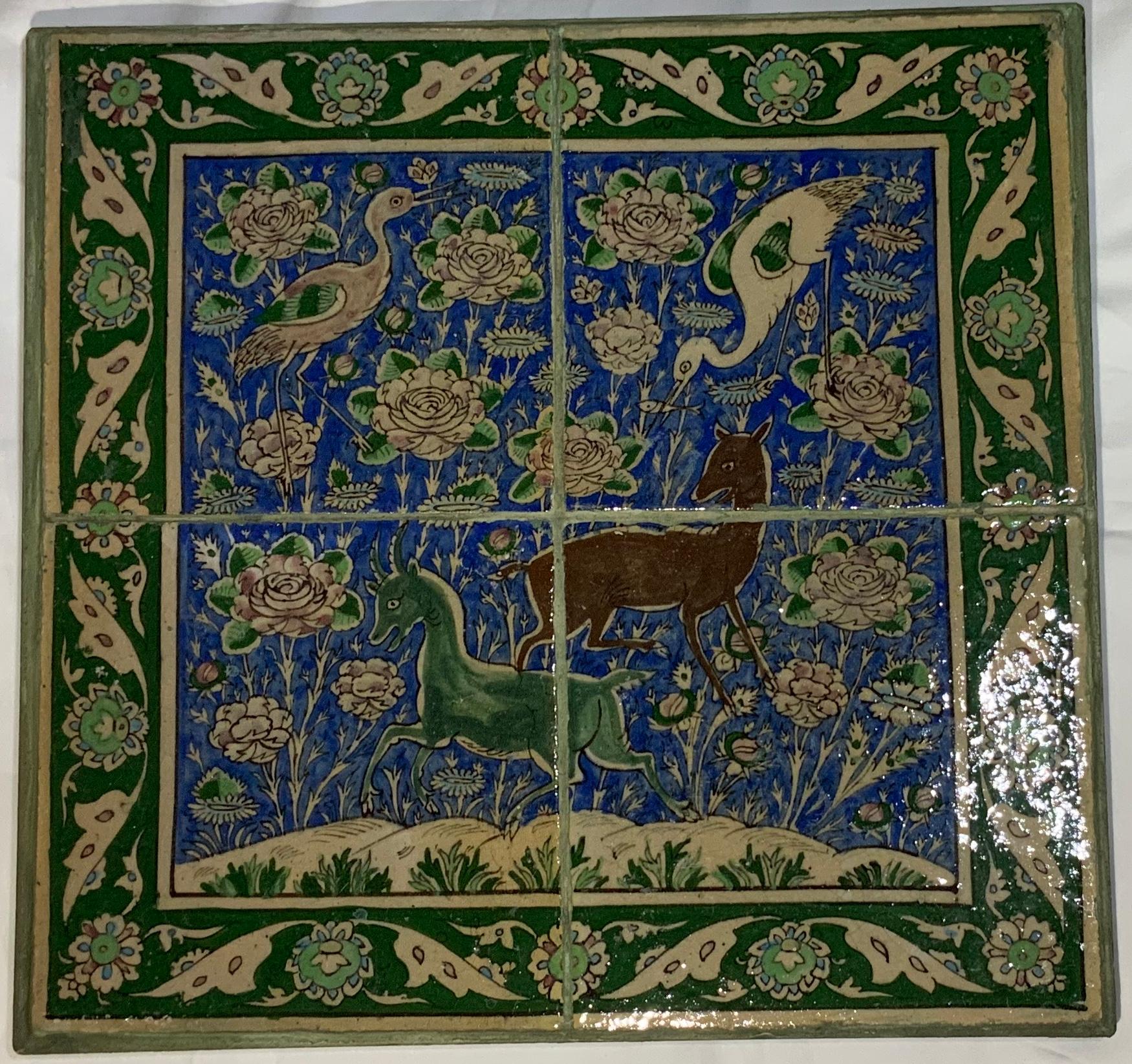 Beautiful set of nine tiles made of hand painted and glazed ceramic, embedded in professionally custom made steel frame. The tiles are hand painted with birds and animals motifs and floral and vine in the background. Exceptional green border. One of