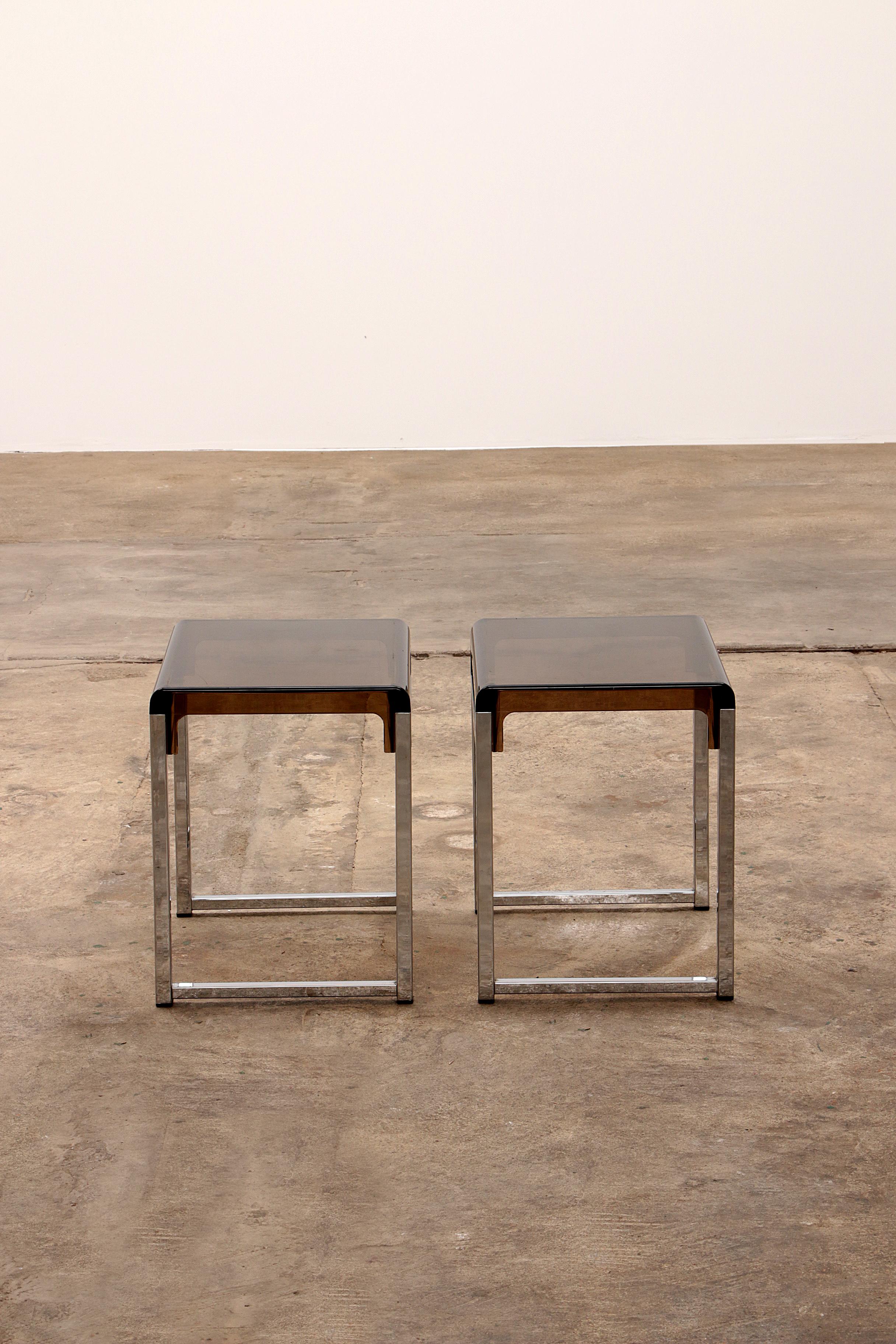 Chrome Vintage Set of Plexiglas Side Tables Designed by Marc Berthier, France 1960s
