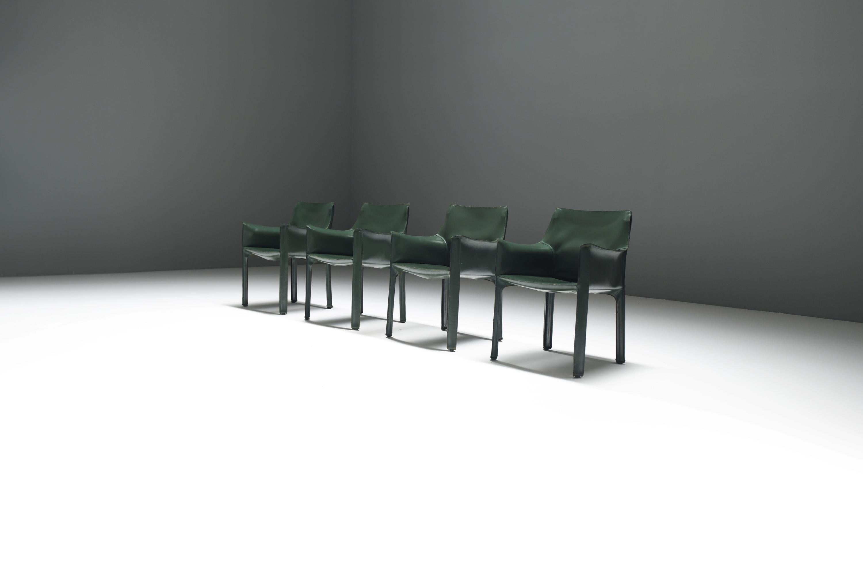 Italian Vintage set of rare dark green Cab 413 chairs by Mario Bellini - CASSINA Italy For Sale