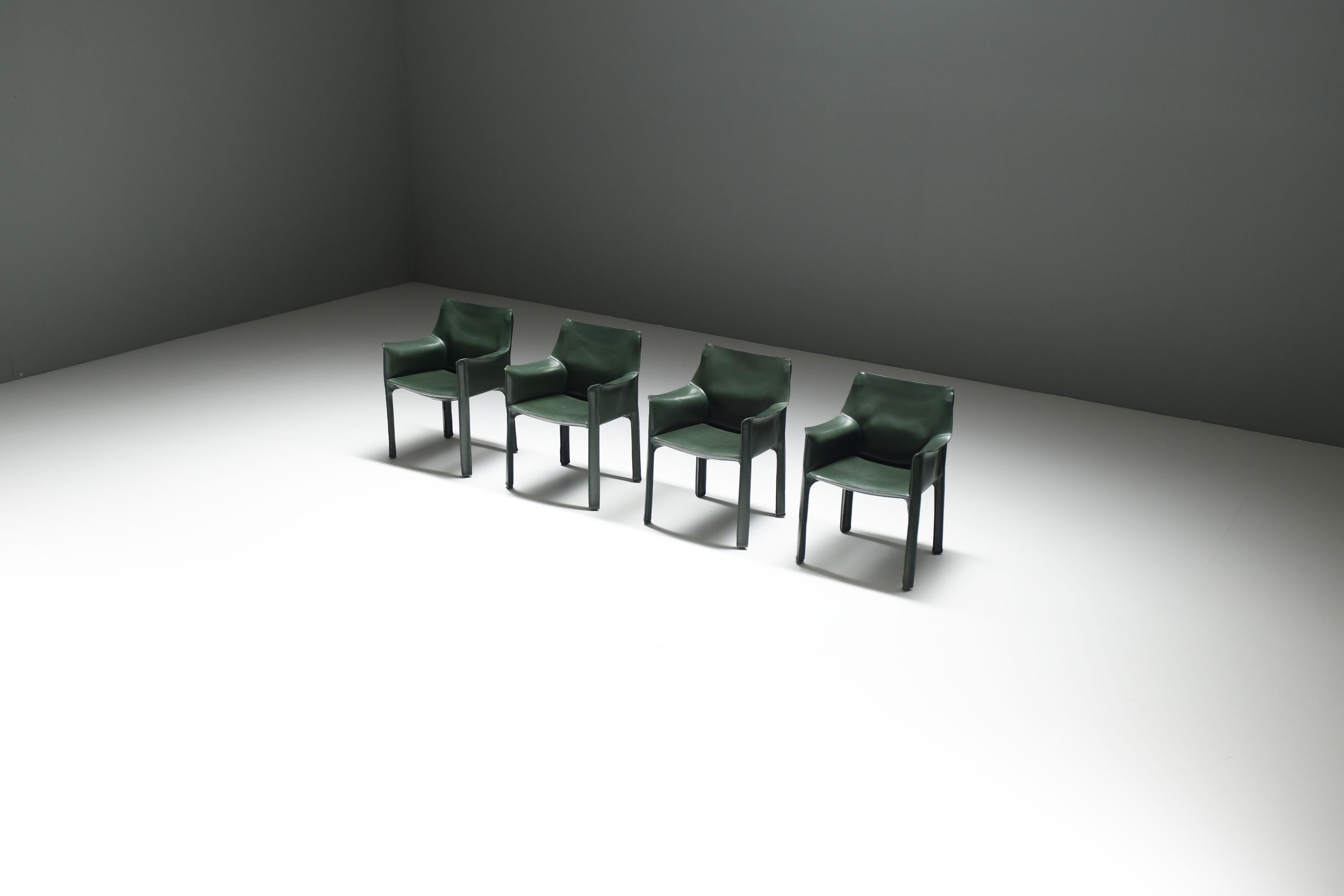 Leather Vintage set of rare dark green Cab 413 chairs by Mario Bellini - CASSINA Italy For Sale