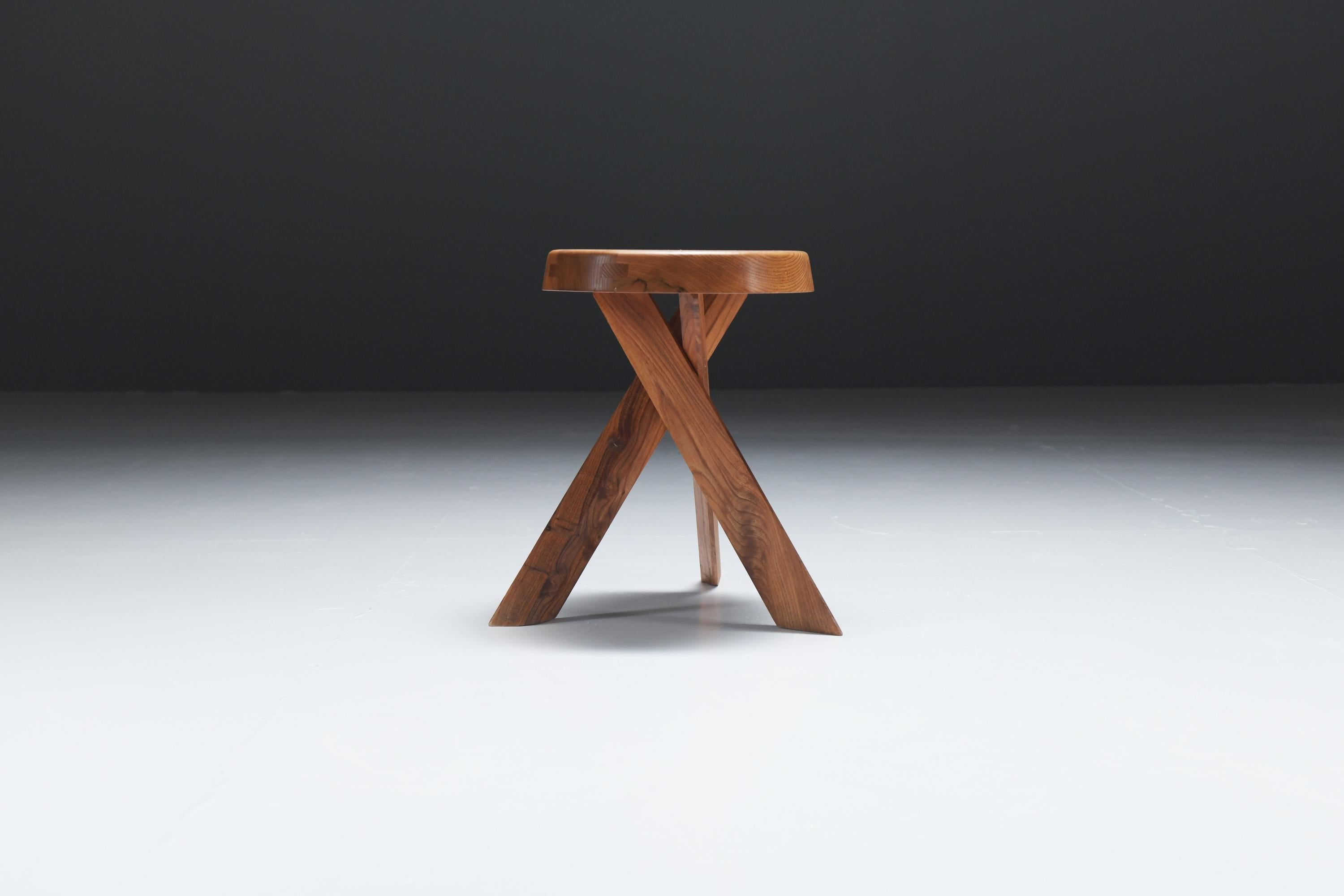 Vintage set of S13 A ELM stools by Pierre Chapo - France For Sale 3