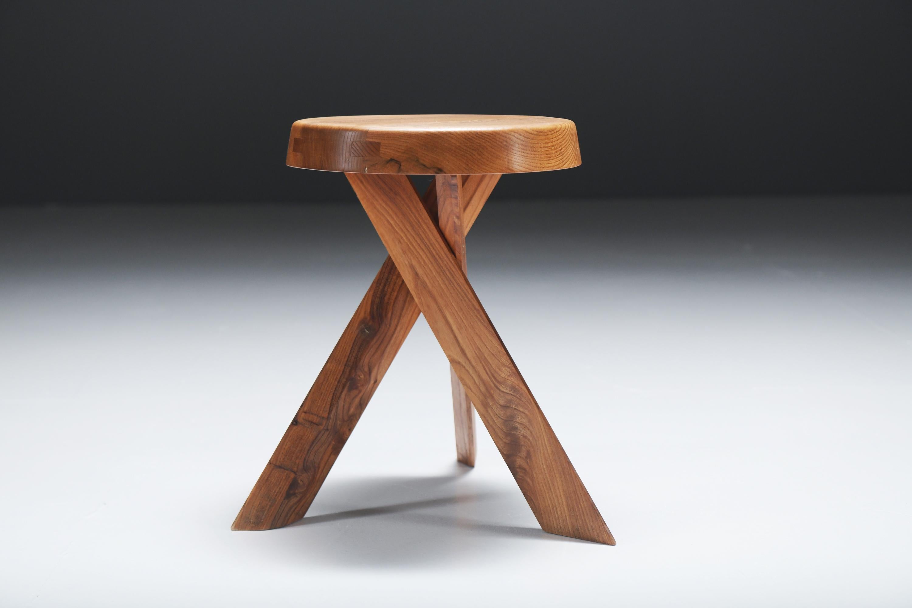 Vintage set of S13 A ELM stools by Pierre Chapo - France For Sale 4