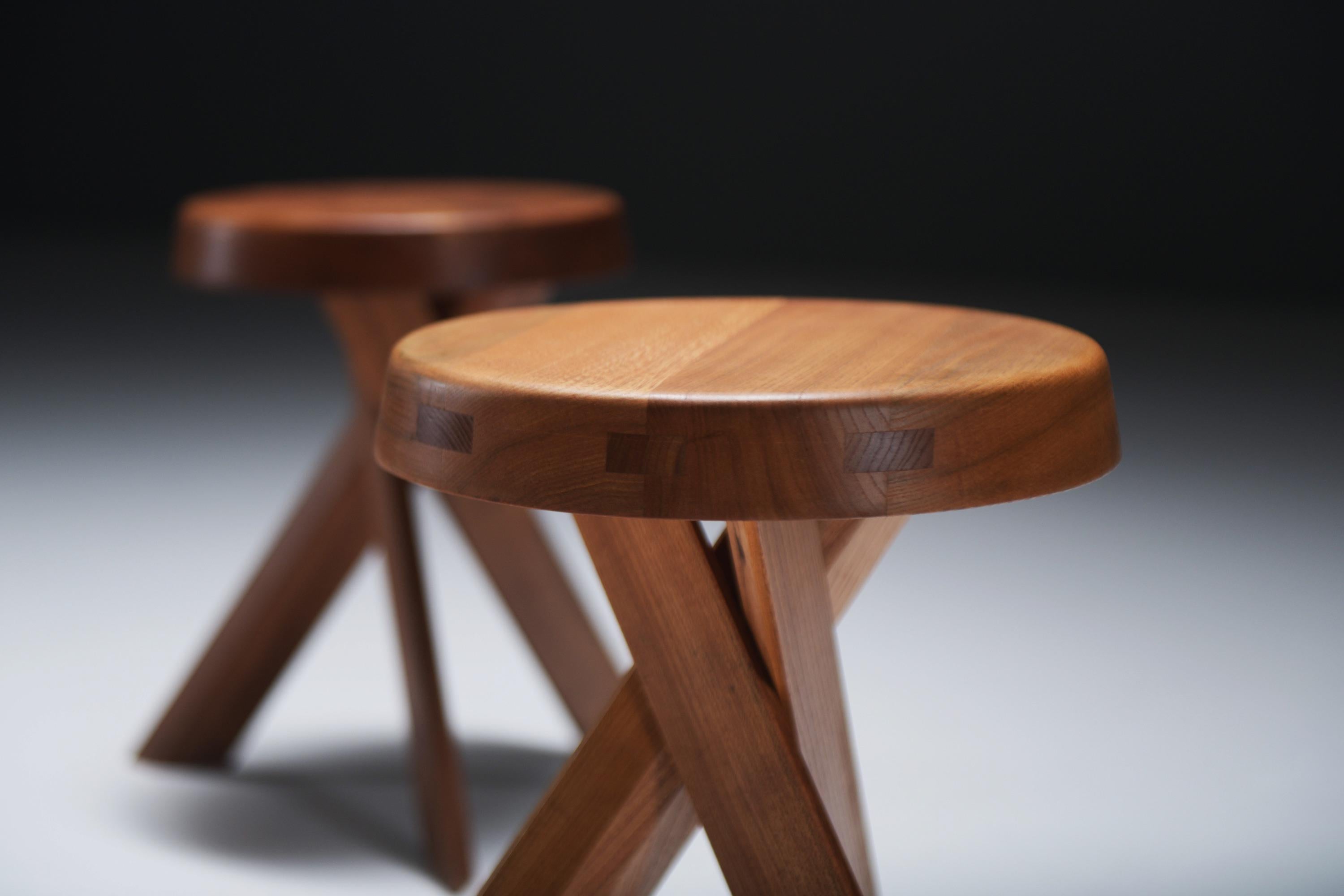 Vintage set of S13 A ELM stools by Pierre Chapo - France For Sale 5