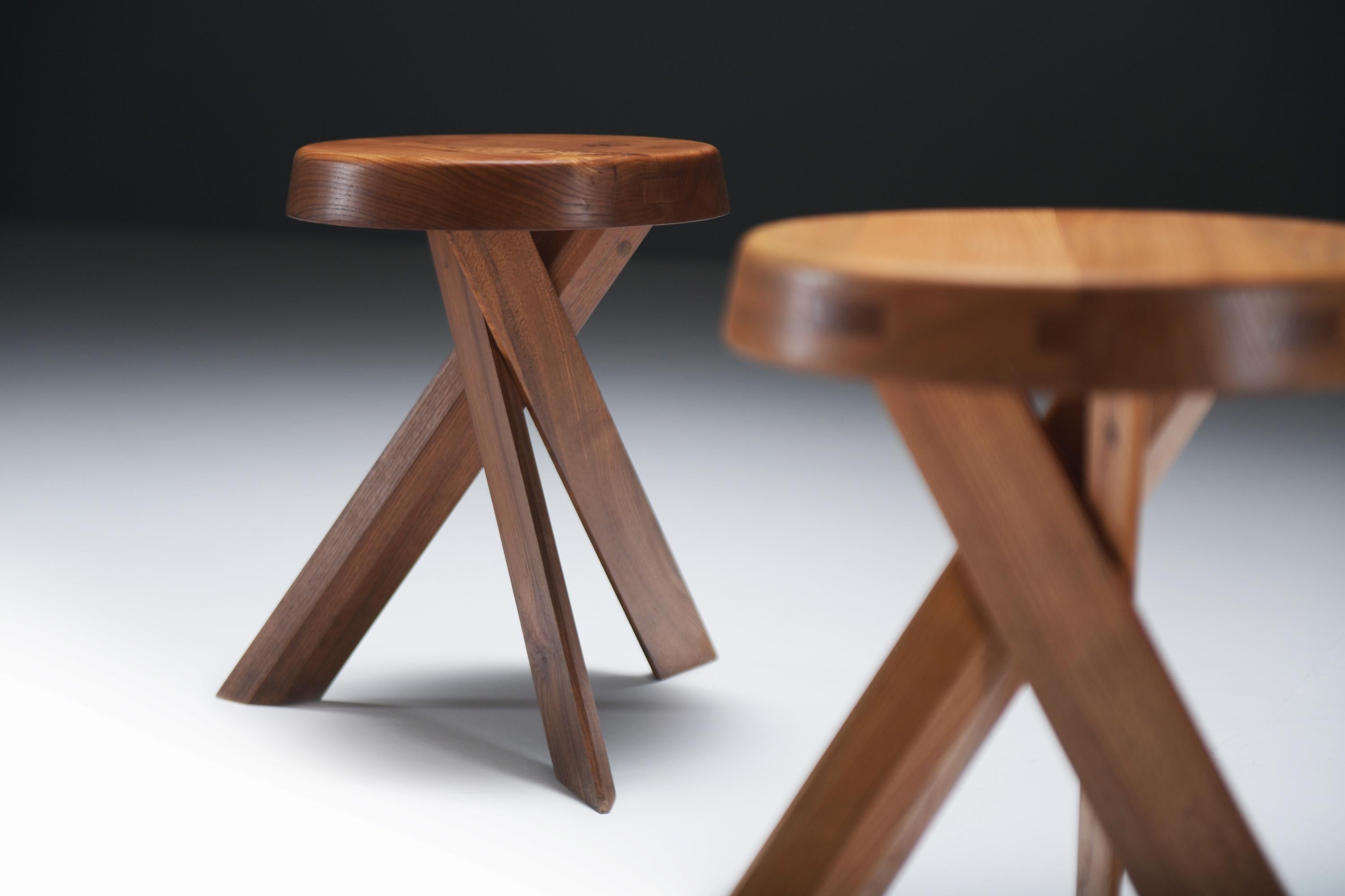 Vintage set of S13 A ELM stools by Pierre Chapo - France For Sale 6