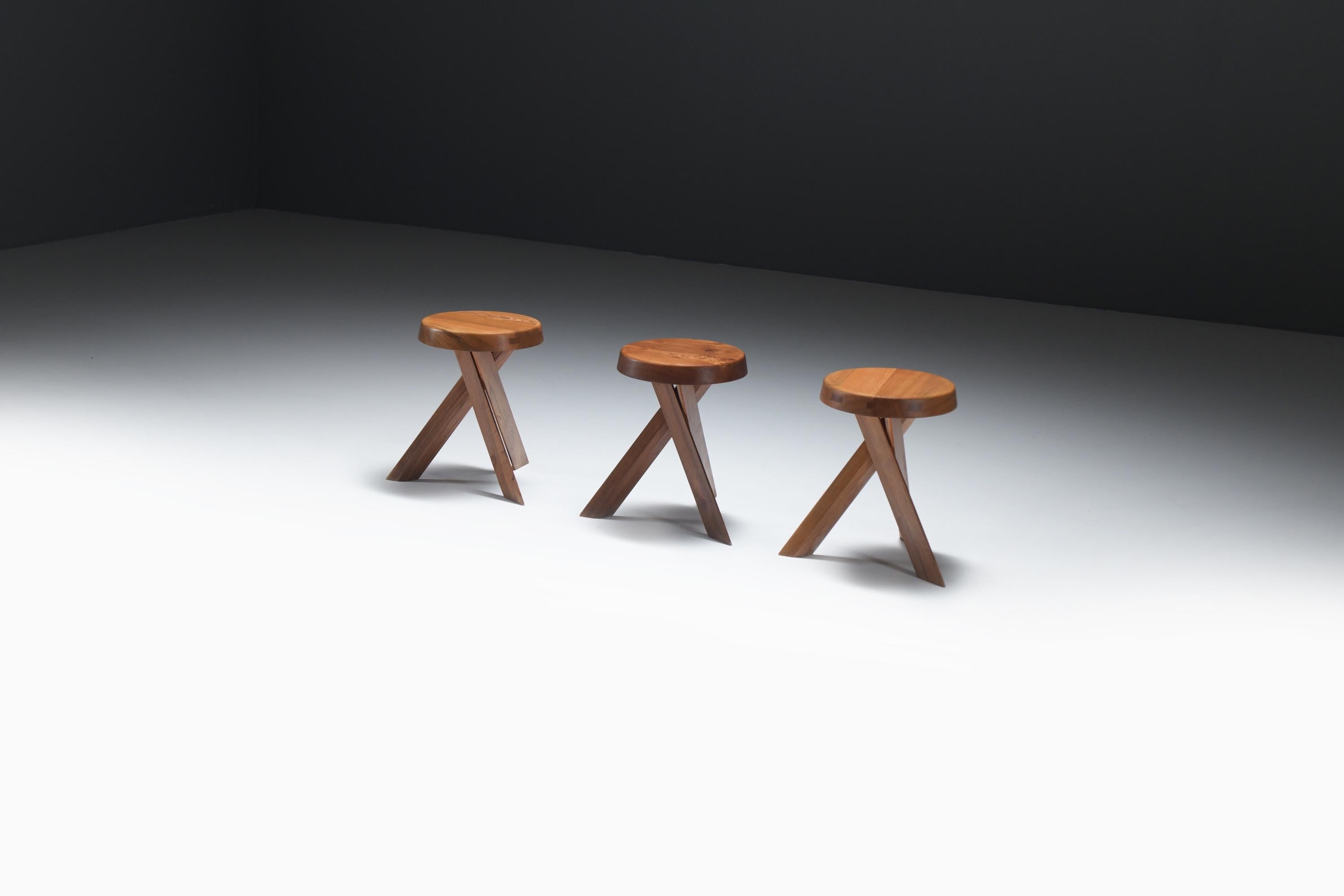 French Vintage set of S13 A ELM stools by Pierre Chapo - France For Sale