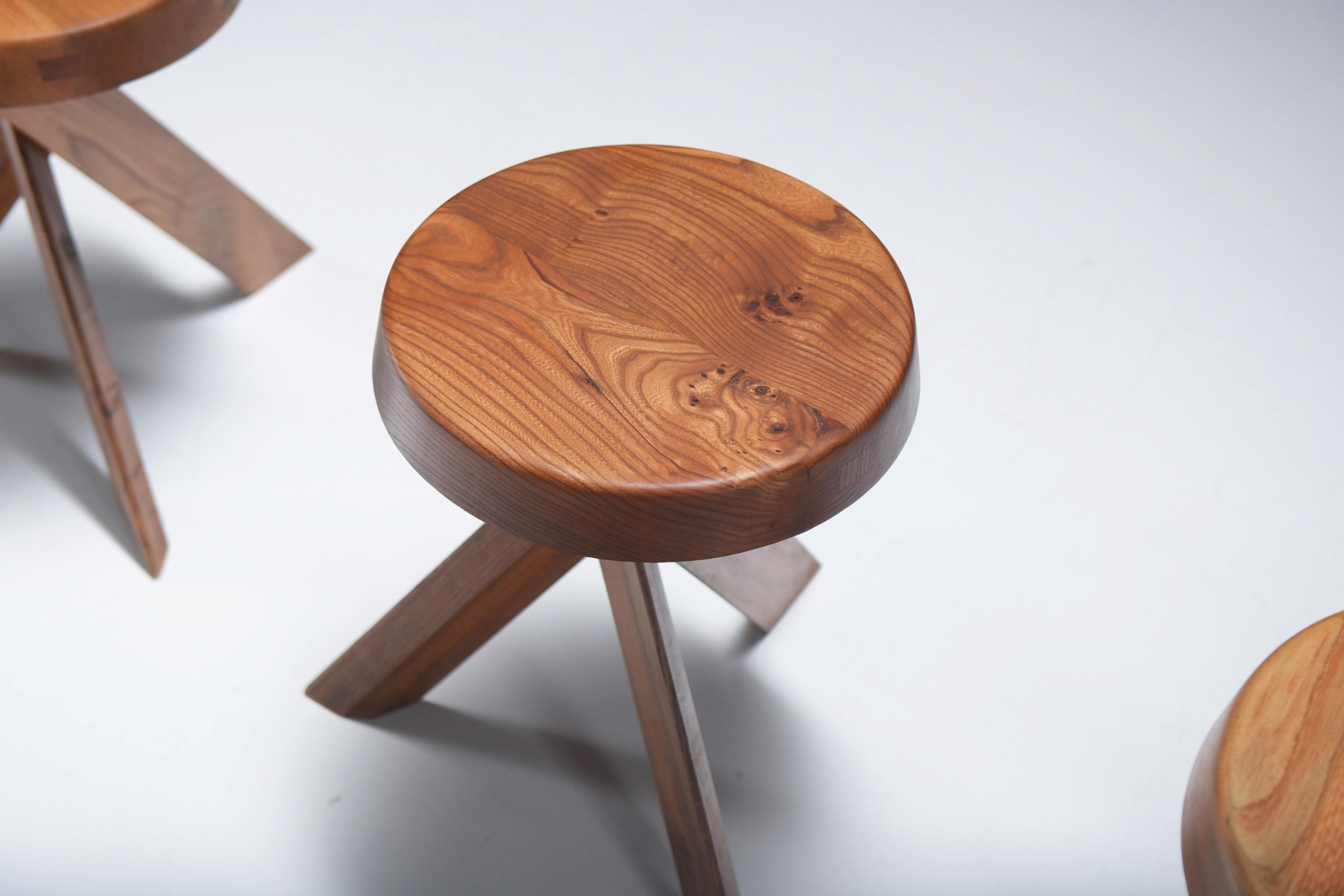 Elm Vintage set of S13 A ELM stools by Pierre Chapo - France For Sale
