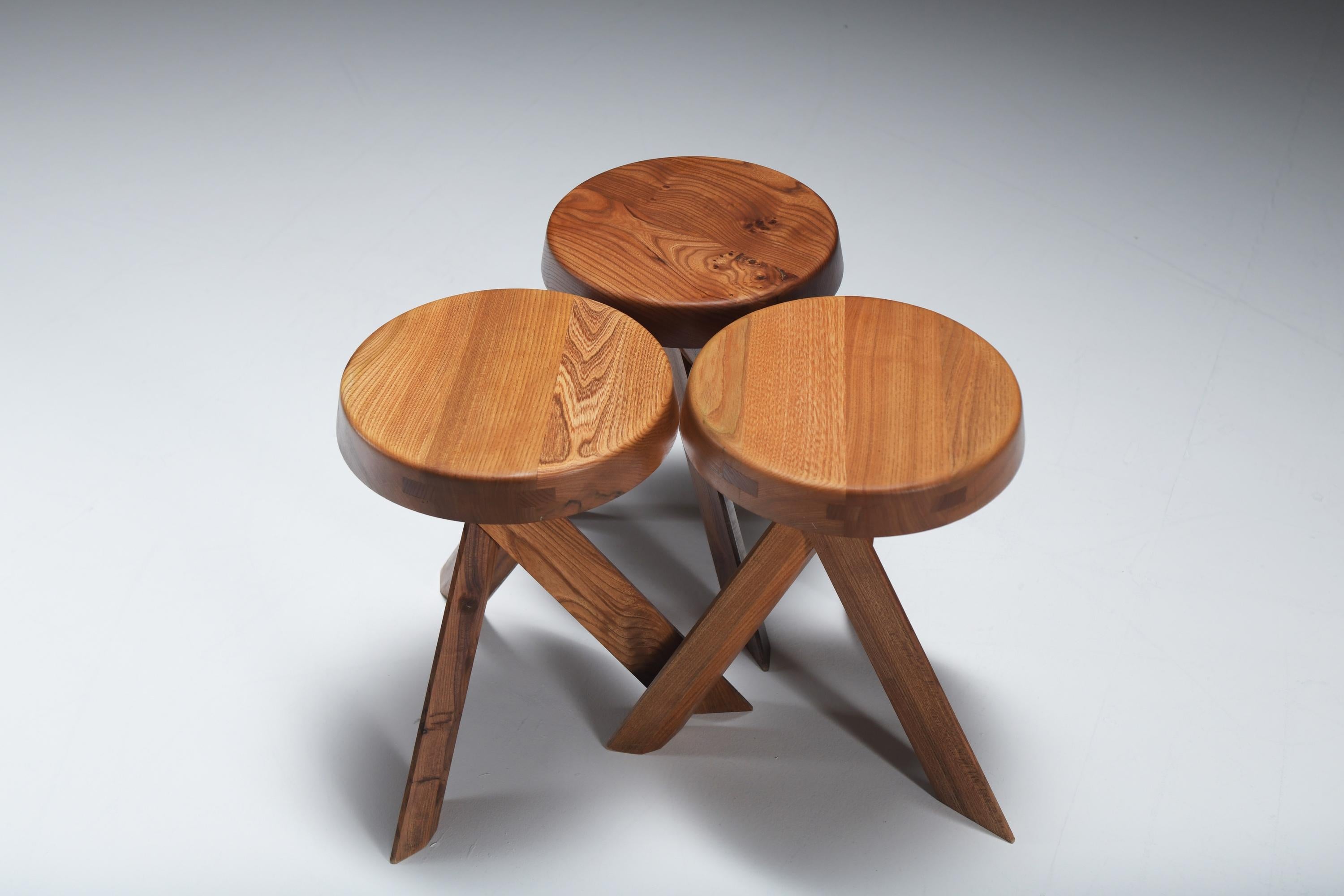 Vintage set of S13 A ELM stools by Pierre Chapo - France For Sale 2