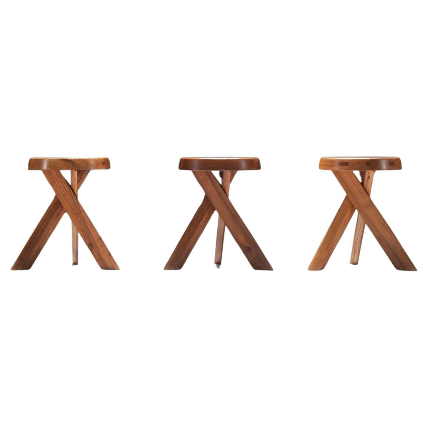 Vintage set of S13 A ELM stools by Pierre Chapo - France