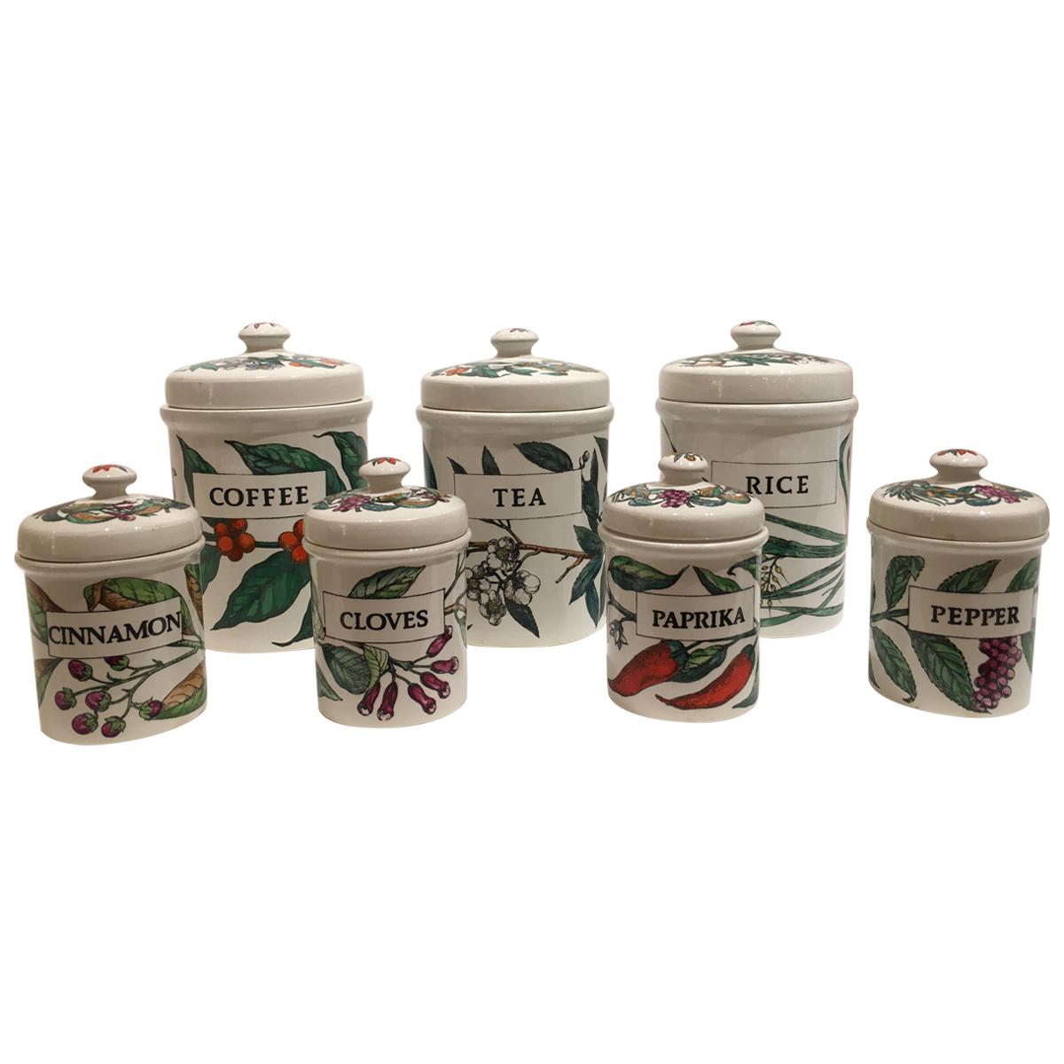 Vintage Set of Seven Ceramic Storage Jars by Piero Fornasetti, Italy, circa 1960 For Sale