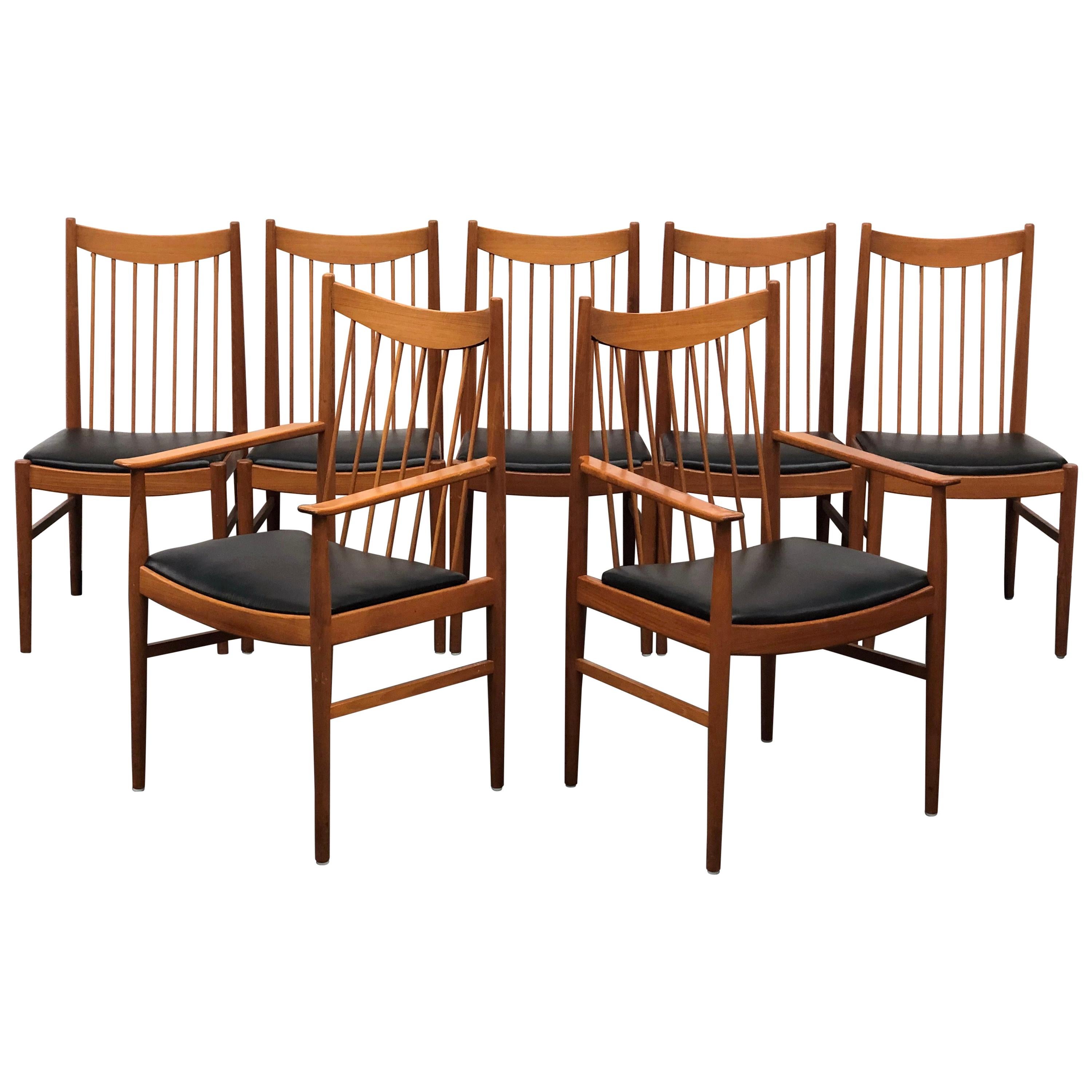 Danish Modern Set of Six Plus One Teak Spindle Back Dining Chairs Arne Vodder 