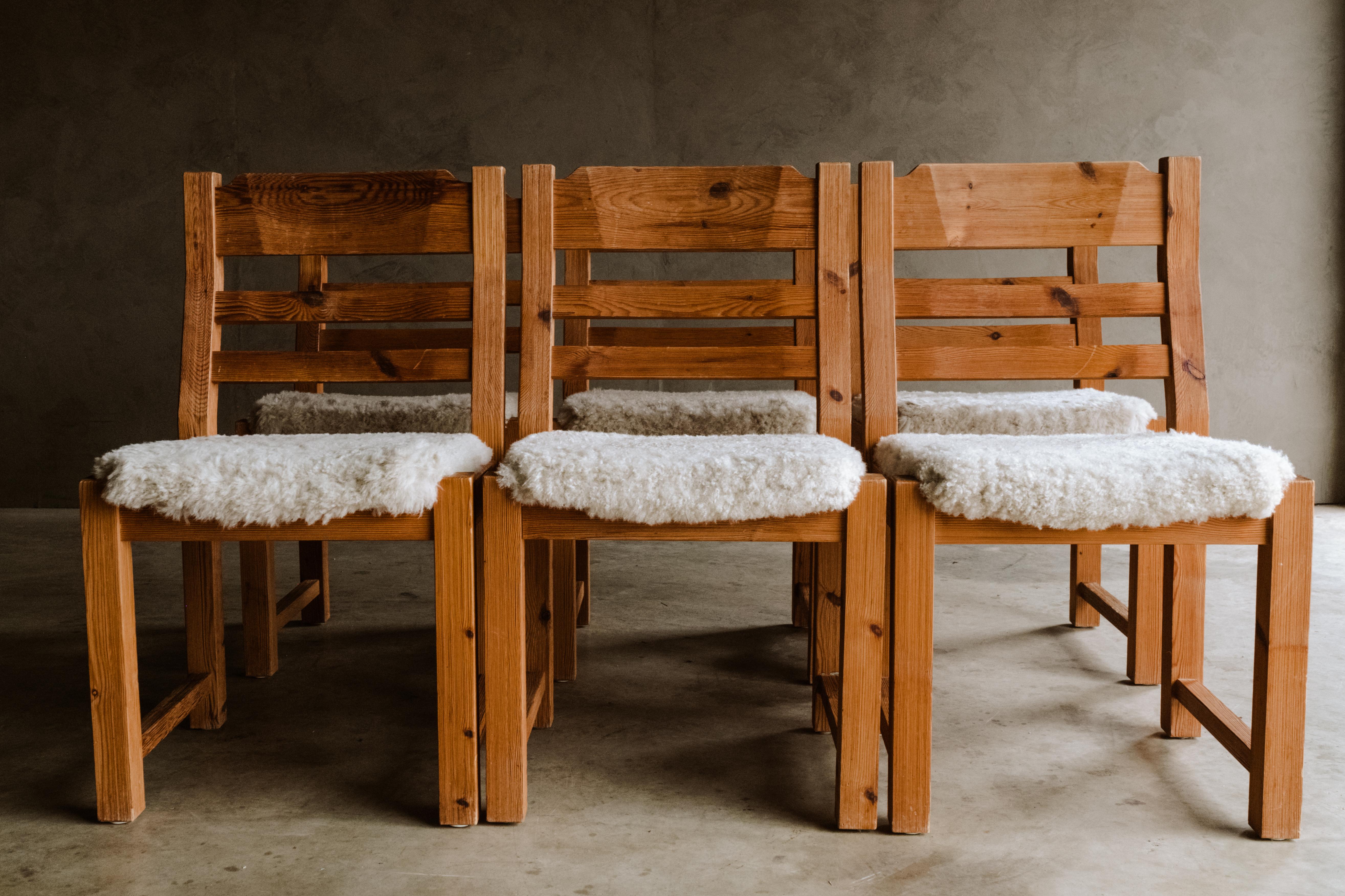 Vintage set of Shearling dining chairs from Denmark, Circa 1970. Solid pine construction later upholstered in thick shearling. Light wear and use.