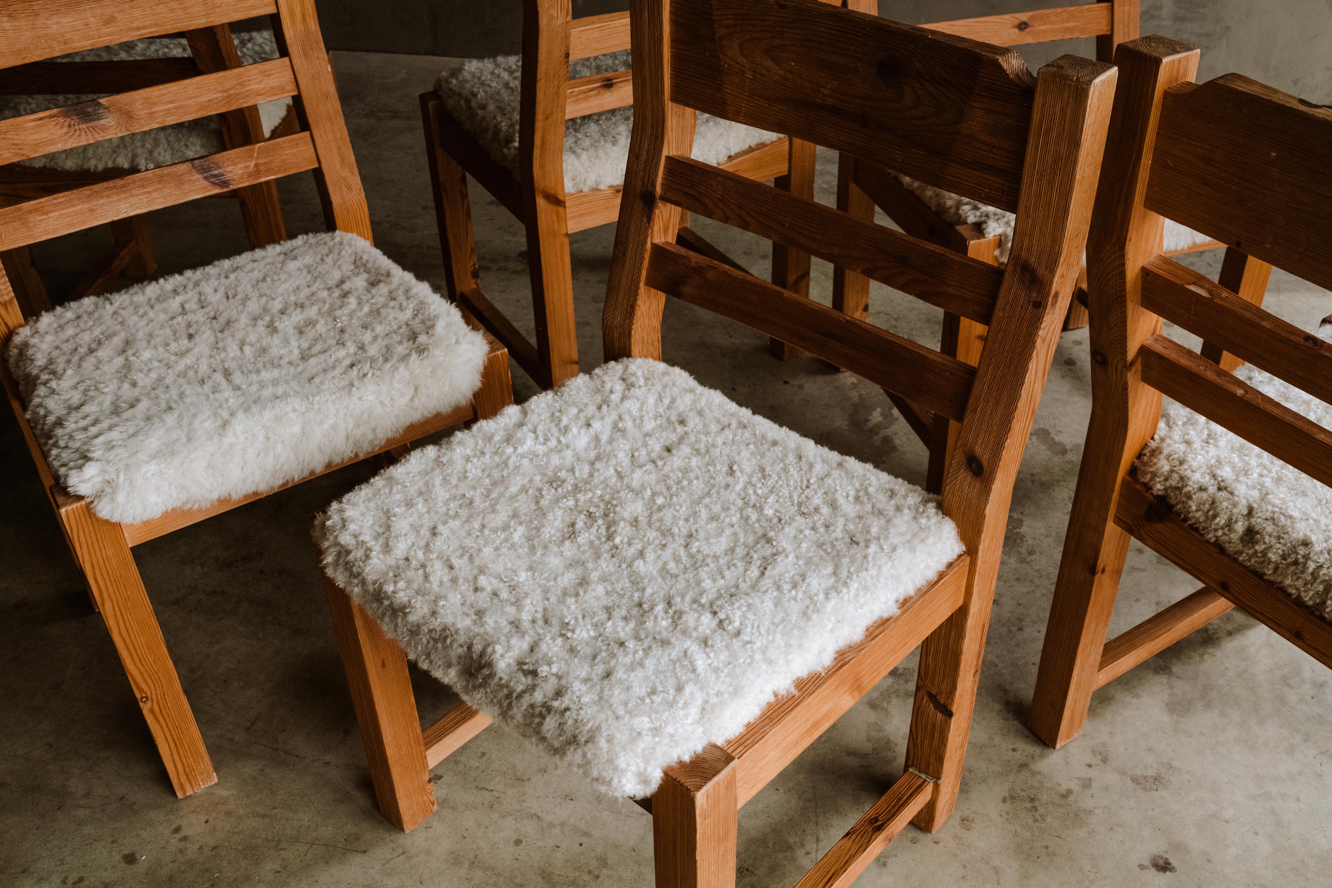 Pine Vintage Set of Shearling Dining Chairs from Denmark, Circa 1970