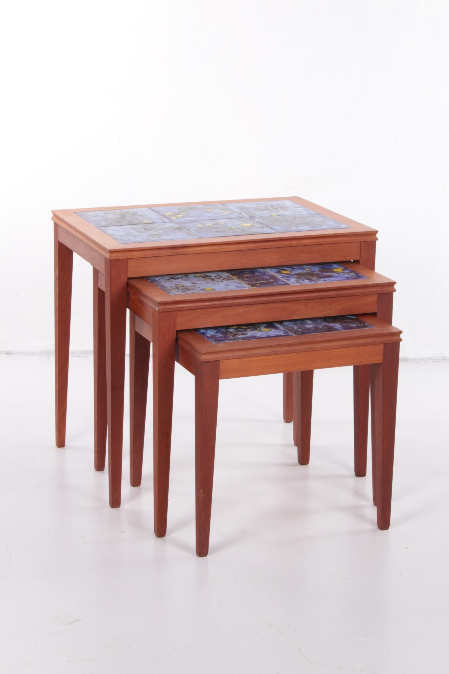 Mid-Century Modern Vintage Set of Side Tables with Beautiful Blue Tiles 60s, Denmark For Sale