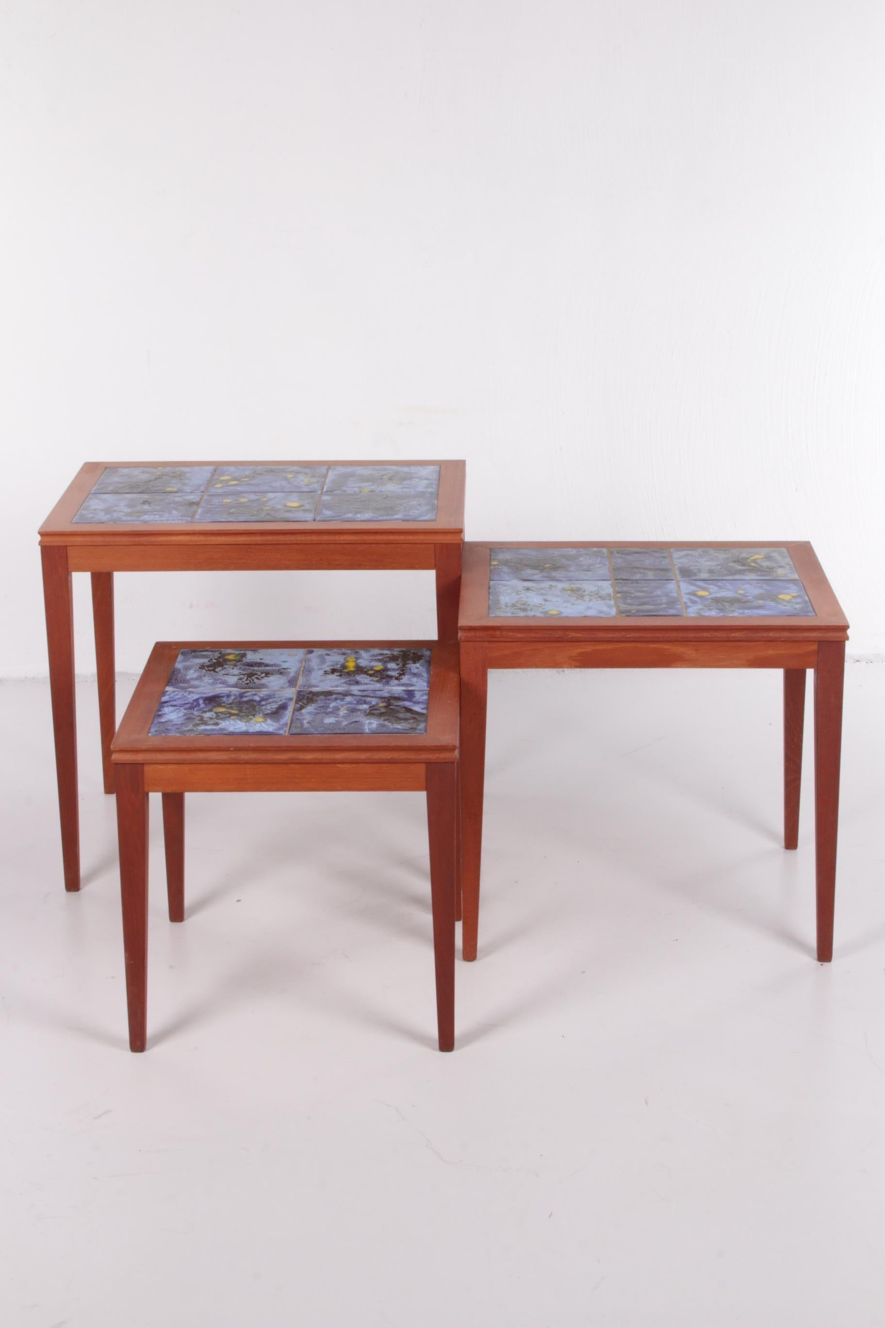 Danish Vintage Set of Side Tables with Beautiful Blue Tiles 60s, Denmark For Sale