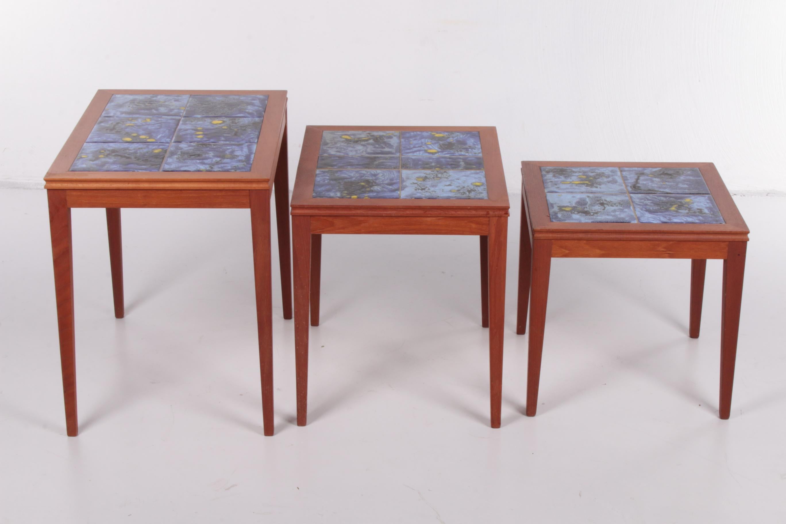 Mid-20th Century Vintage Set of Side Tables with Beautiful Blue Tiles 60s, Denmark For Sale