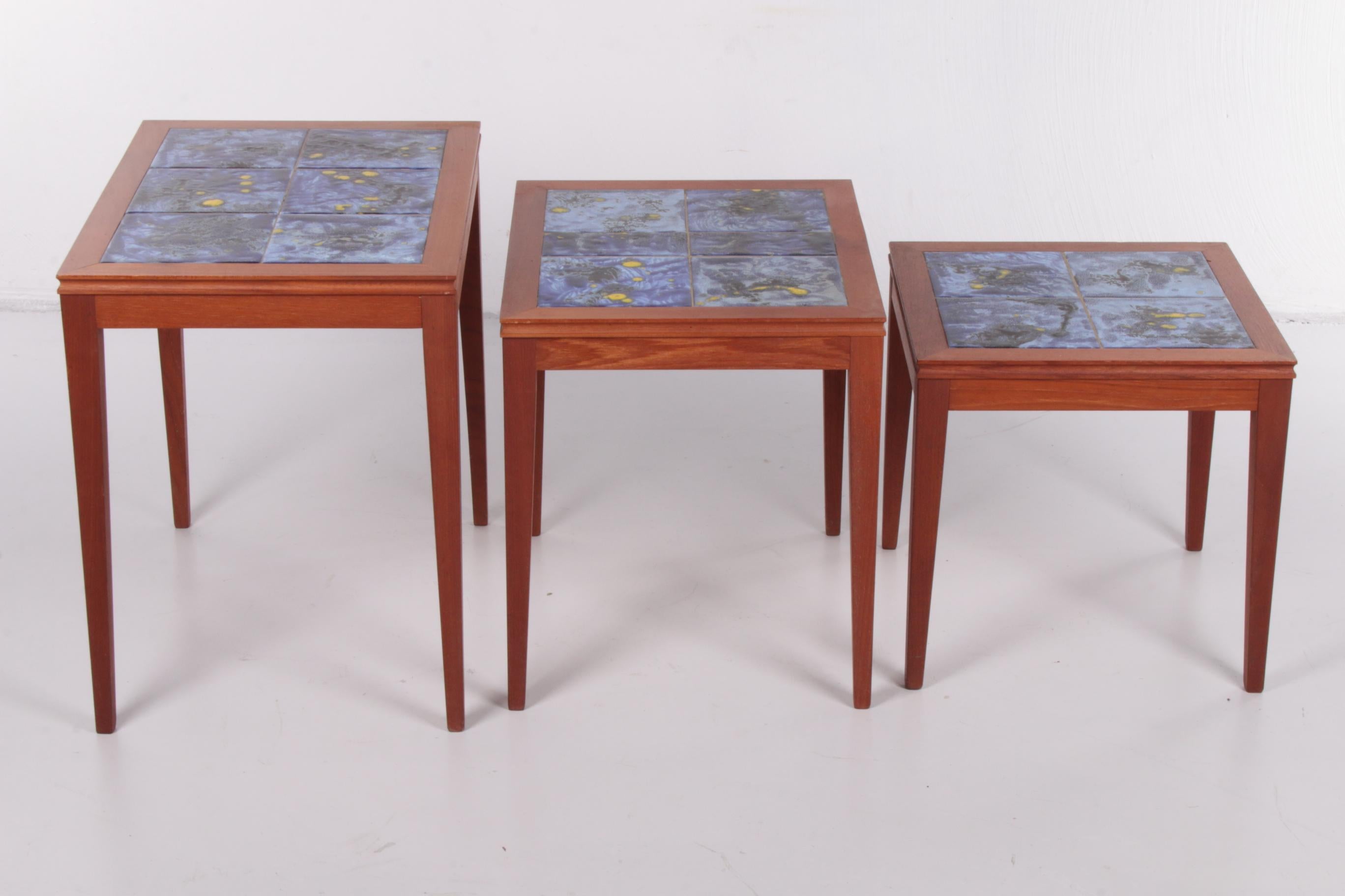 Ceramic Vintage Set of Side Tables with Beautiful Blue Tiles 60s, Denmark For Sale