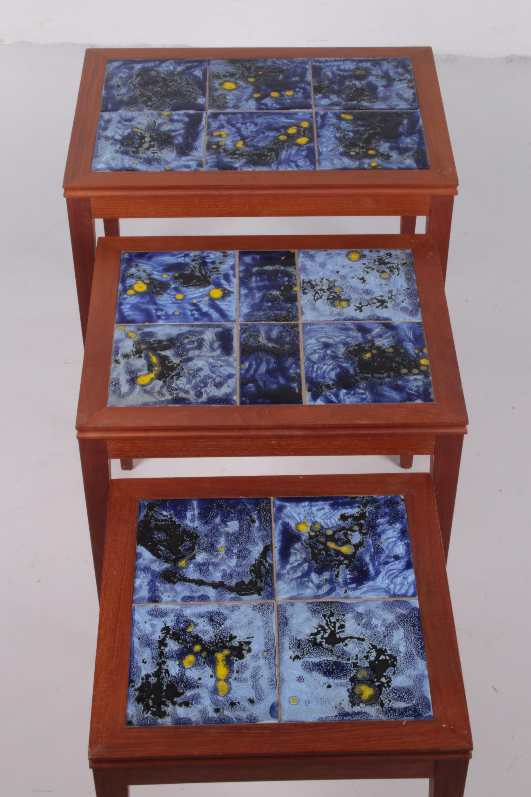 Vintage Set of Side Tables with Beautiful Blue Tiles 60s, Denmark For Sale 1