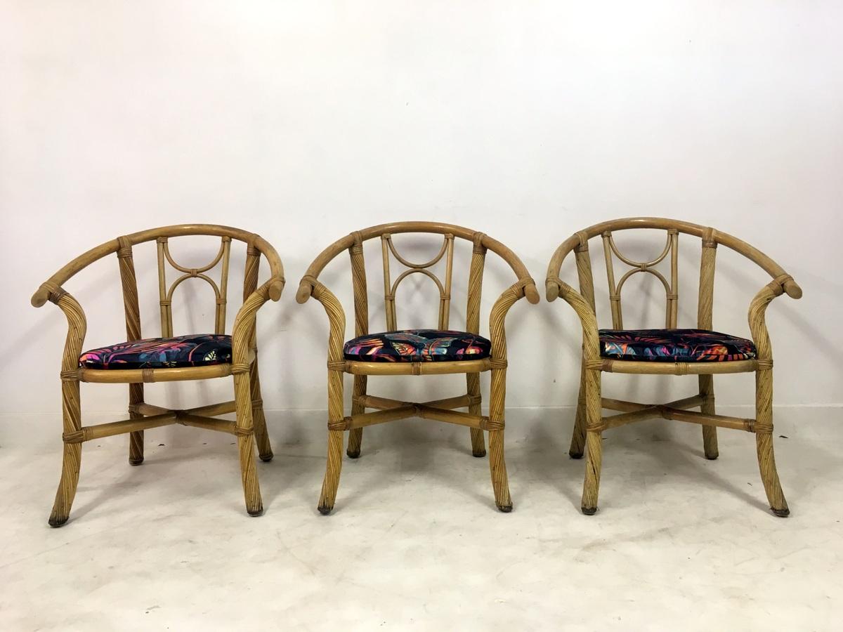 A set of six armchairs

Bamboo frame

Recently re-upholstered

Italy 1970s.