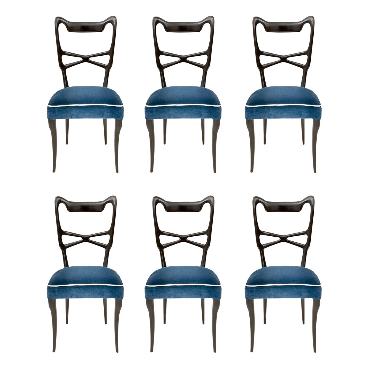 Vintage Set of Six Blue Velvet Dining Chairs in the style of Ulrich, Italy
