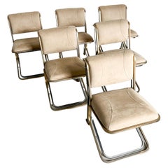 Vintage Set of Six Chairs in Two Tone Chrome and Golden Metal, Velvet Upholstery