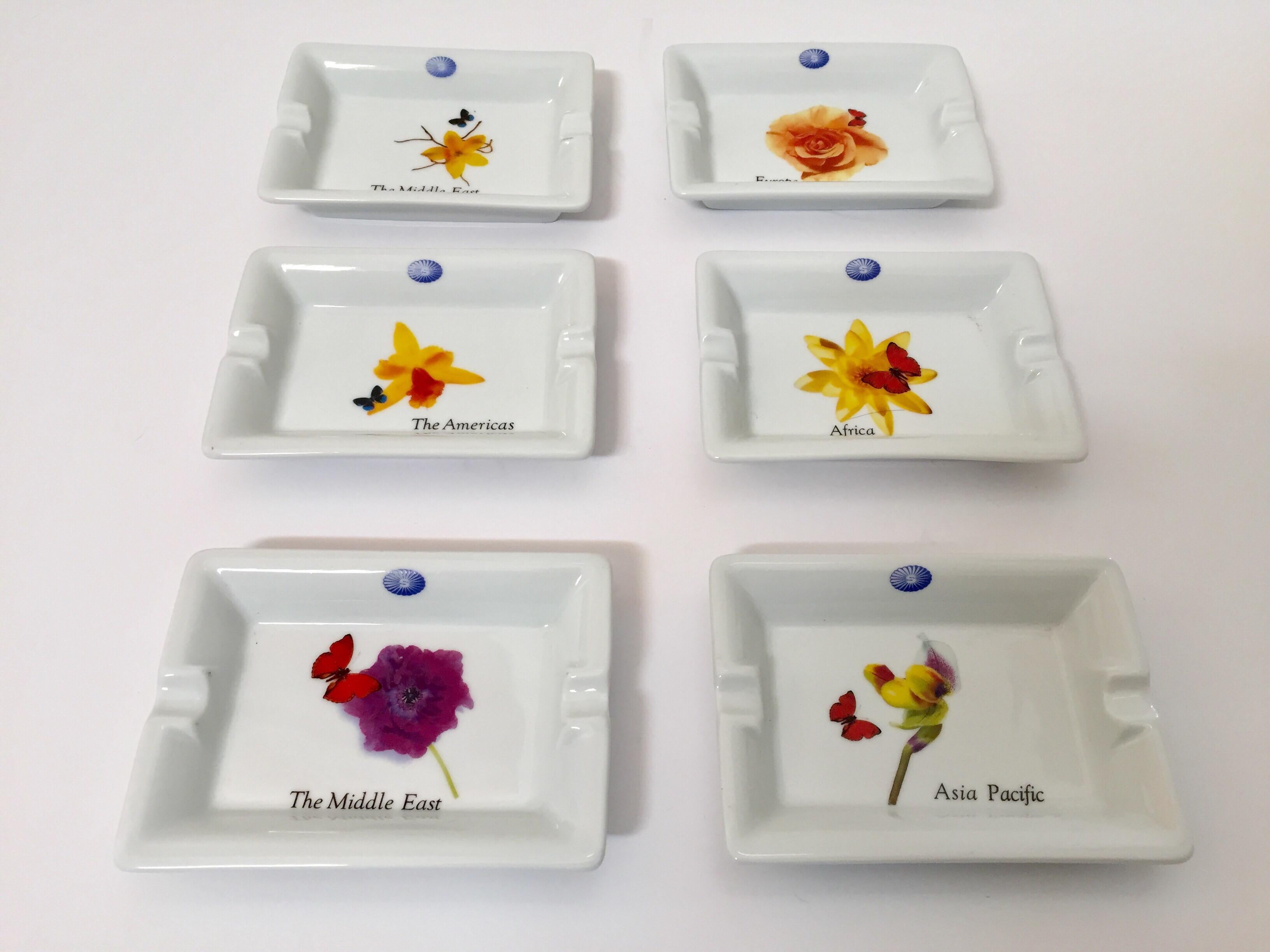 Vintage set of six collector porcelain ashtrays by Laufen Pillivuyt, France.
French Pillivuyt porcelain souvenir trinket, ashtray, vide poche or pin dish from the luxurious Sheraton Hotel & Resorts.
This simple white hand painted porcelain are