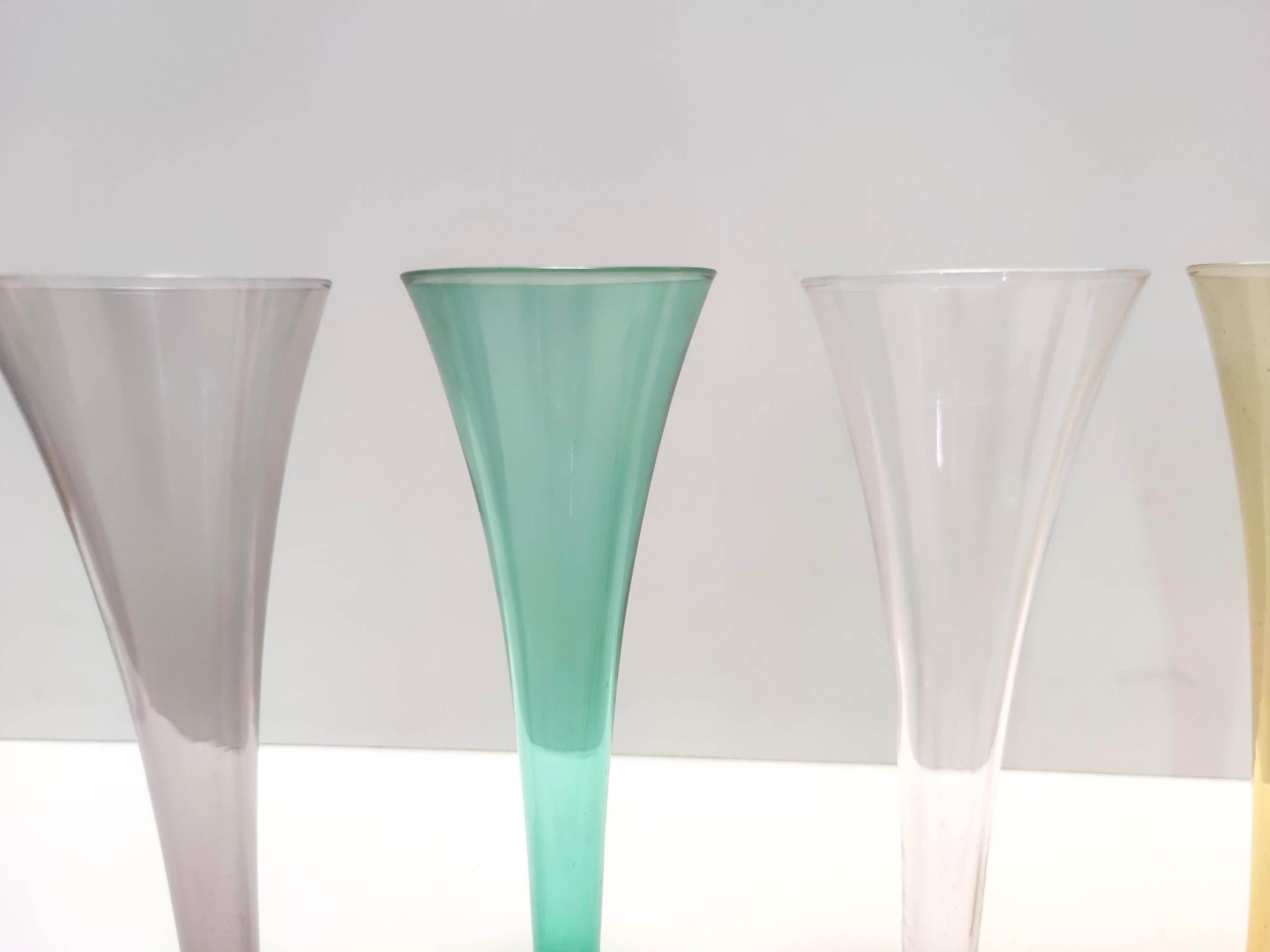 Post-Modern Vintage Set of Six Colored Hand Blown Murano Glass Flutes, Italy For Sale