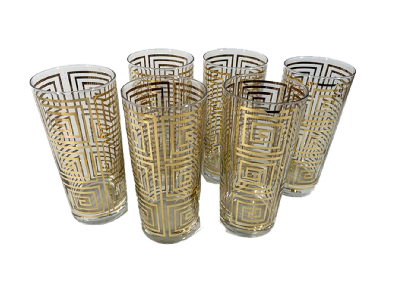 Six vintage Culver, LTD highball glasses of cylinder form with 22k gold Greek key design.