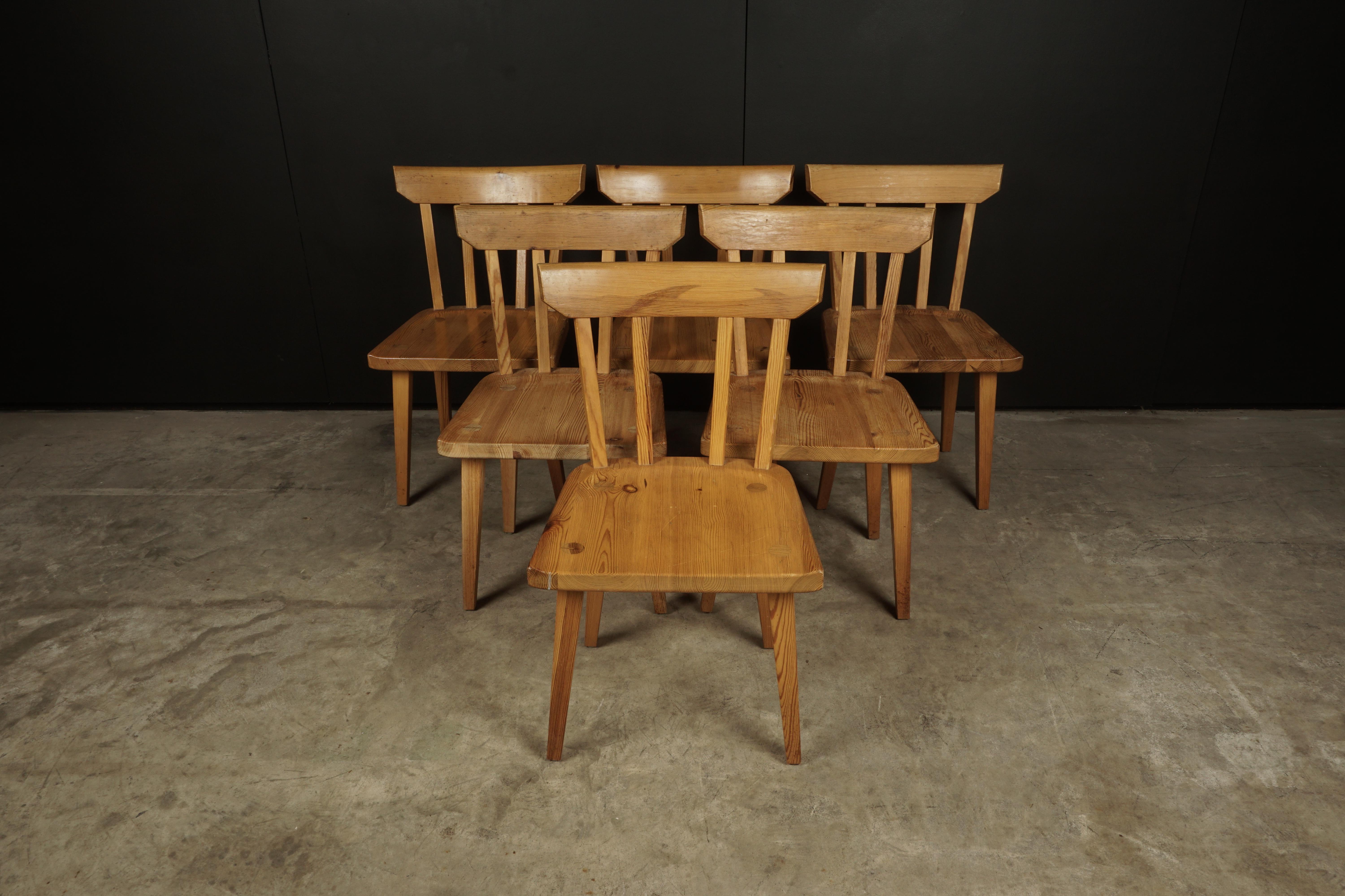 Vintage set of six dining chairs from Sweden, 1970s. Solid pine construction with light wear and patina.