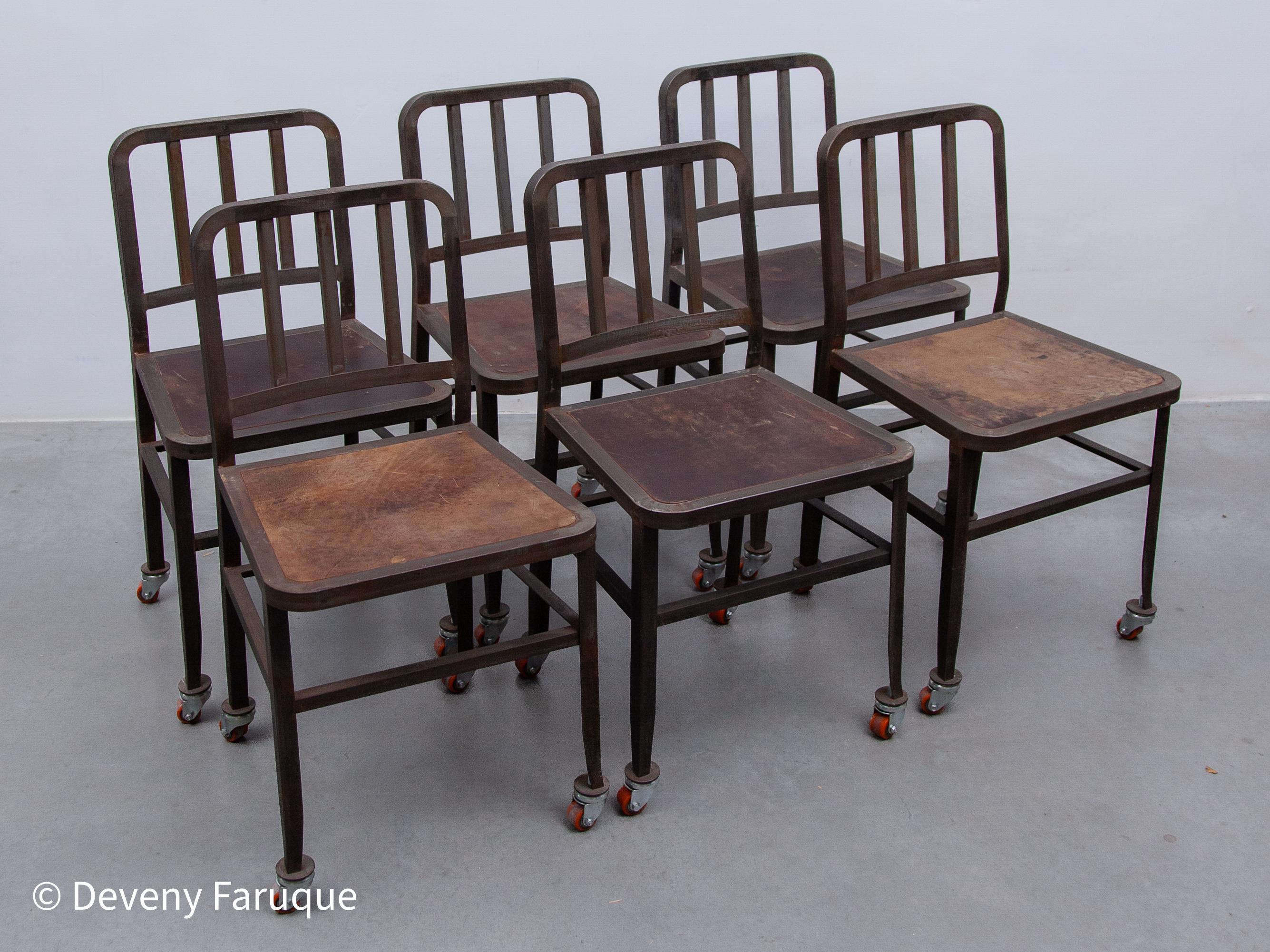 Vintage Set of Six Emeco NAVY Industrial Iron Chairs on Wheels with Wooden Seat For Sale 5