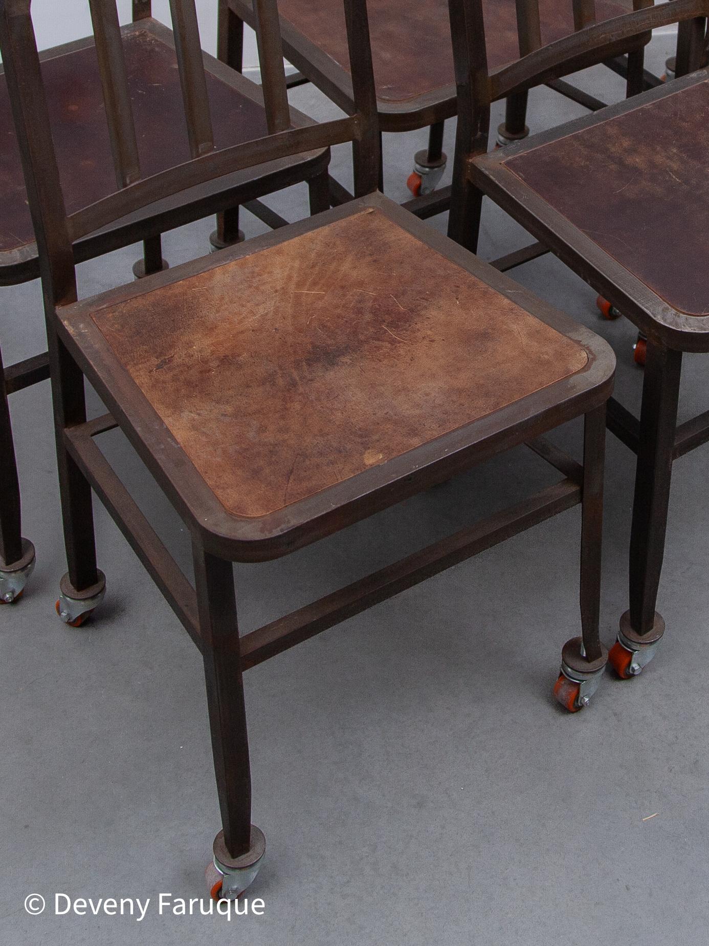 Vintage Set of Six Emeco NAVY Industrial Iron Chairs on Wheels with Wooden Seat For Sale 6