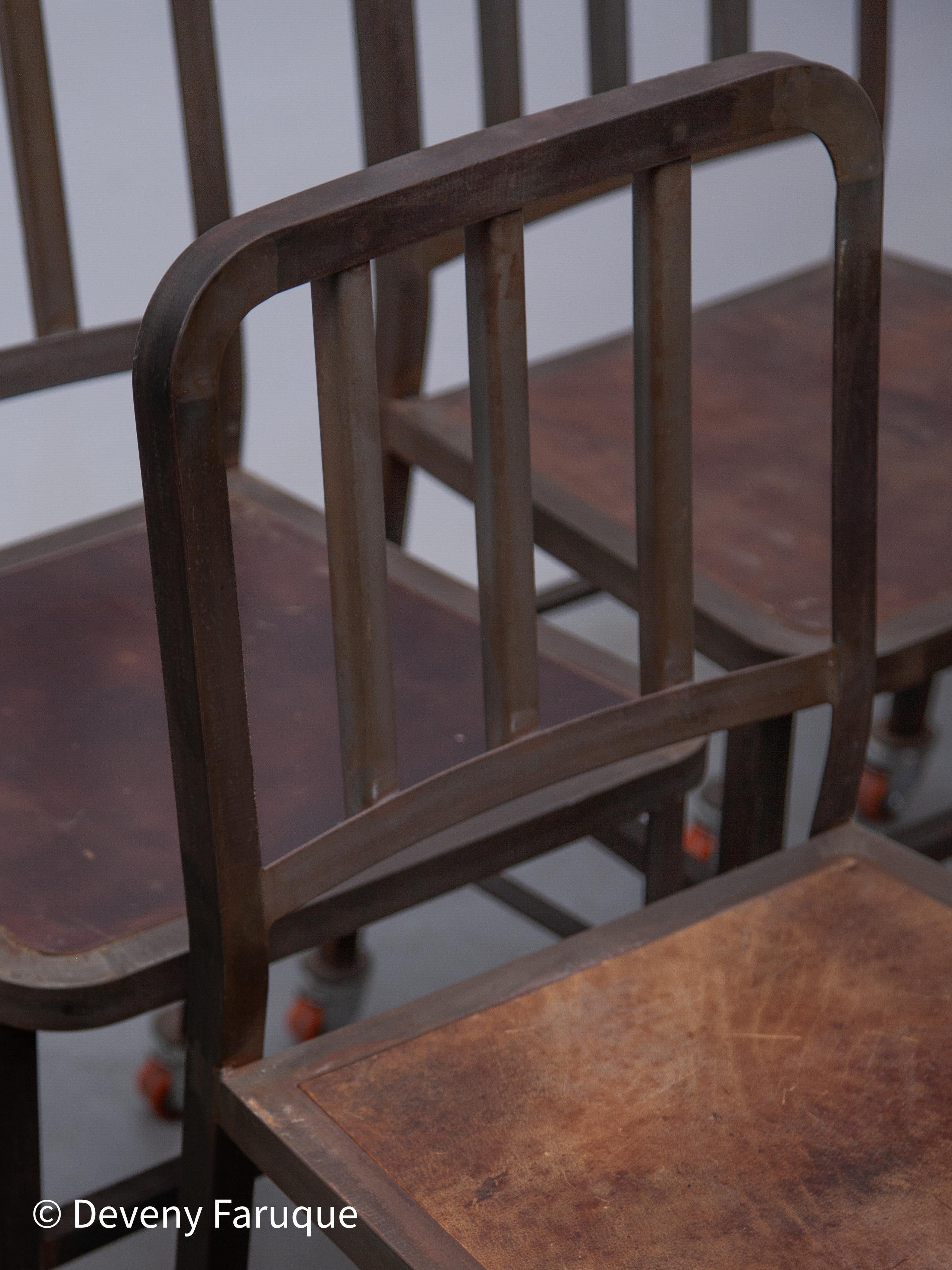 Vintage Set of Six Emeco NAVY Industrial Iron Chairs on Wheels with Wooden Seat For Sale 8