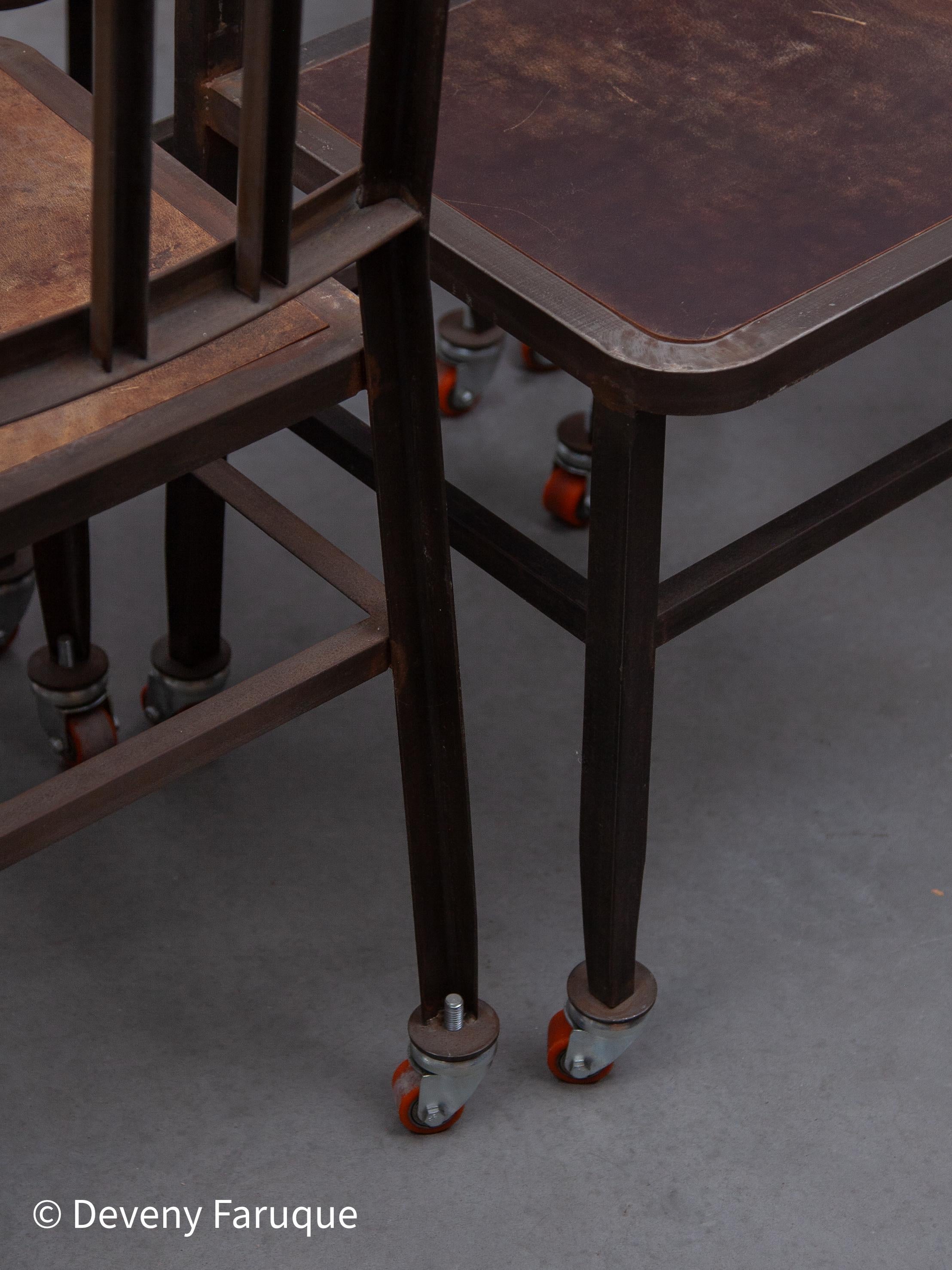 Vintage Set of Six Emeco NAVY Industrial Iron Chairs on Wheels with Wooden Seat For Sale 9