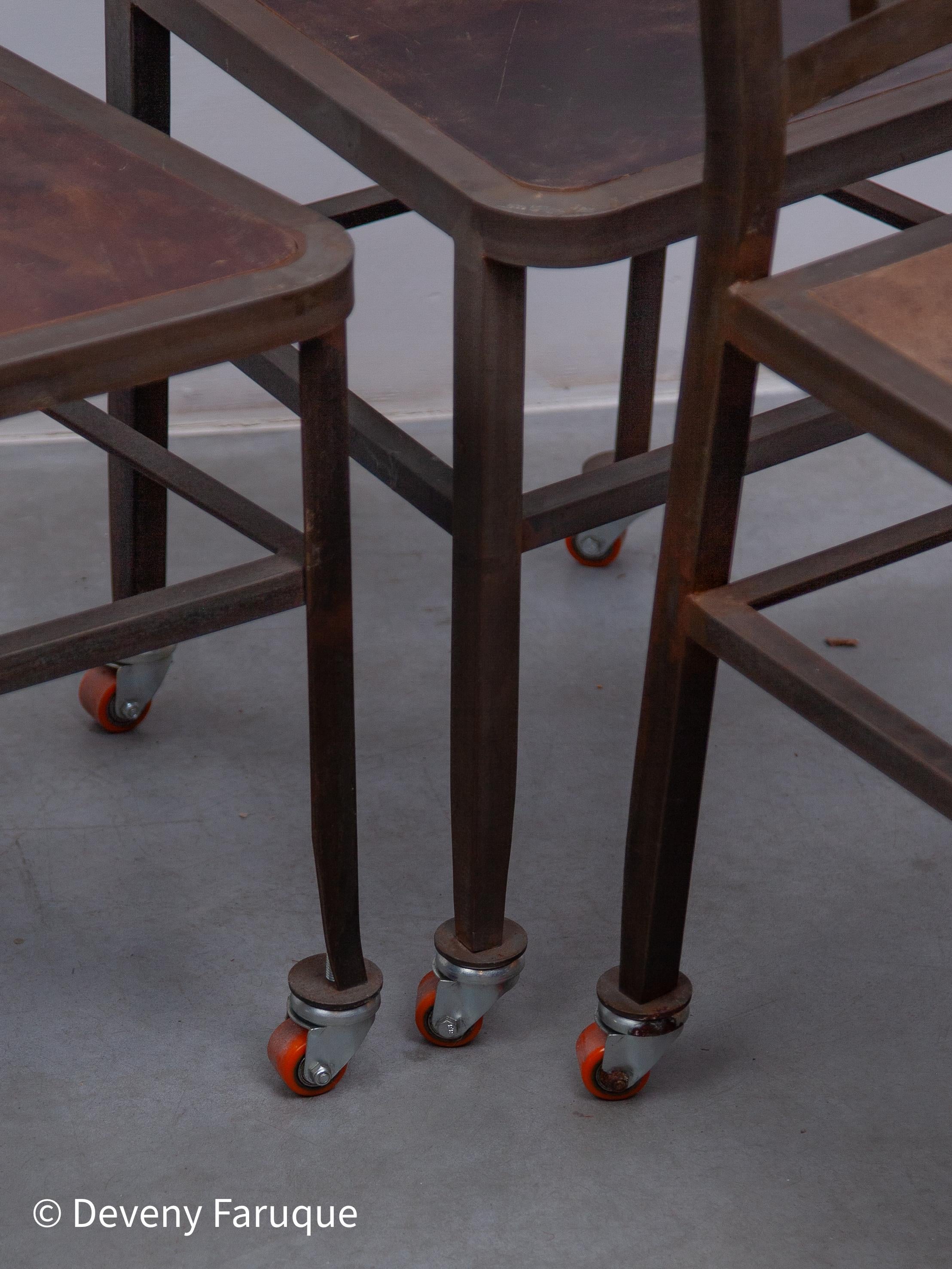Vintage Set of Six Emeco NAVY Industrial Iron Chairs on Wheels with Wooden Seat For Sale 10