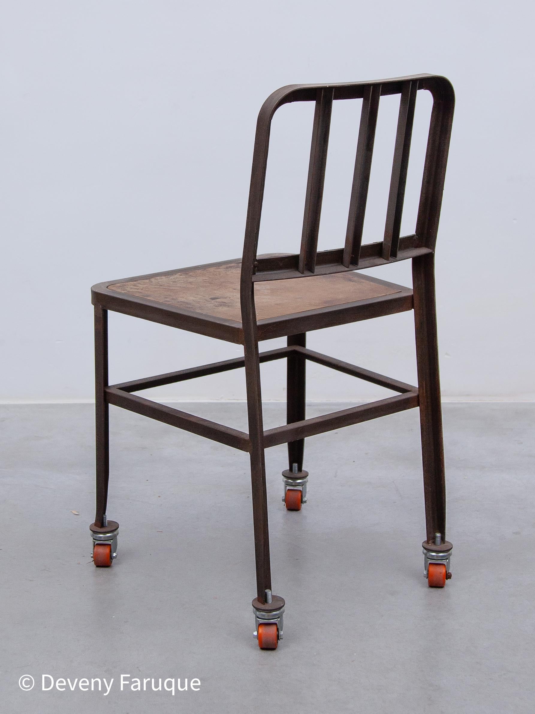 Late 20th Century Vintage Set of Six Emeco NAVY Industrial Iron Chairs on Wheels with Wooden Seat For Sale