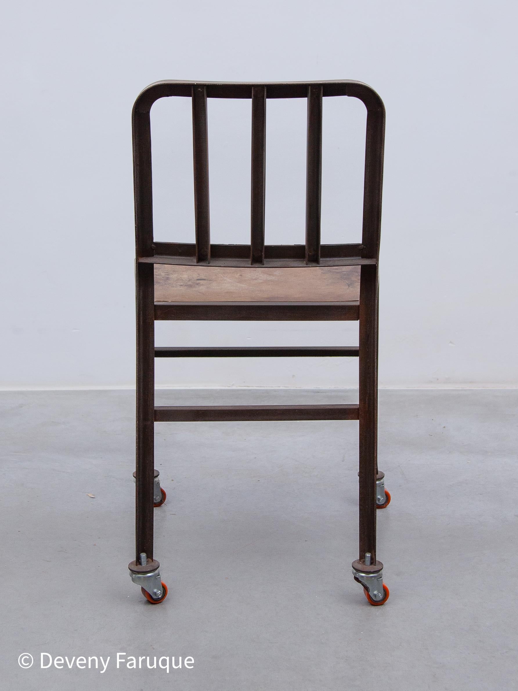 Vintage Set of Six Emeco NAVY Industrial Iron Chairs on Wheels with Wooden Seat For Sale 1
