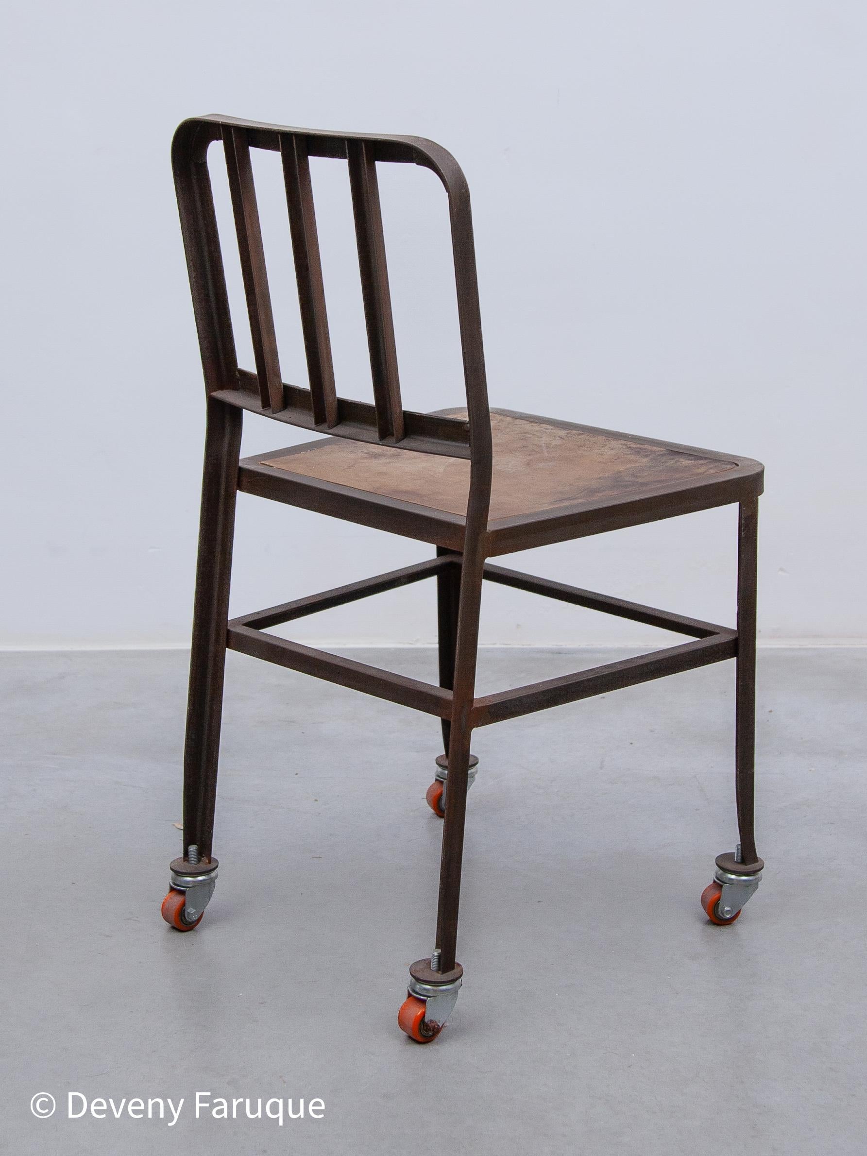 Vintage Set of Six Emeco NAVY Industrial Iron Chairs on Wheels with Wooden Seat For Sale 2