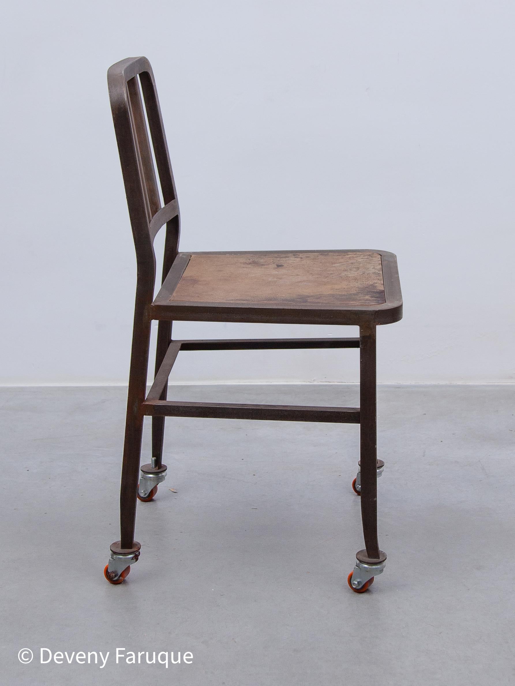 Vintage Set of Six Emeco NAVY Industrial Iron Chairs on Wheels with Wooden Seat For Sale 3