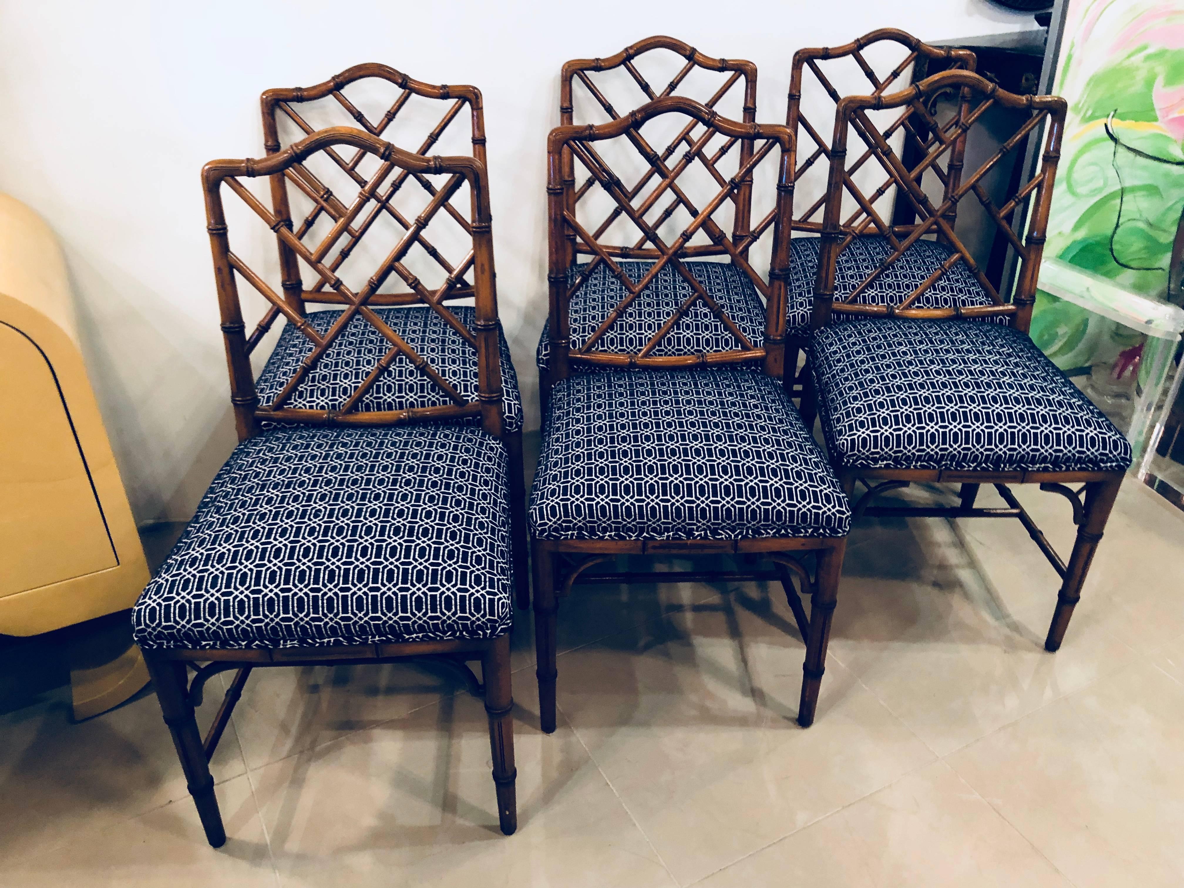 American Vintage Set of Six Faux Bamboo Chinese Chippendale Dining Chairs by Century