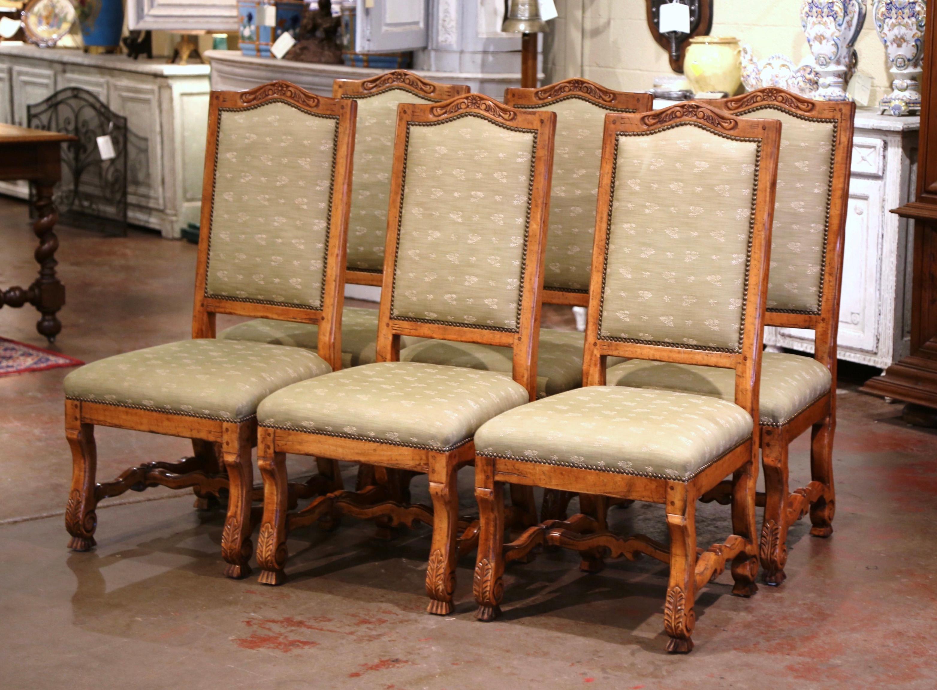 Hand-Carved Vintage Set of Six French Louis XIII Carved and Distressed Walnut Dining Chairs
