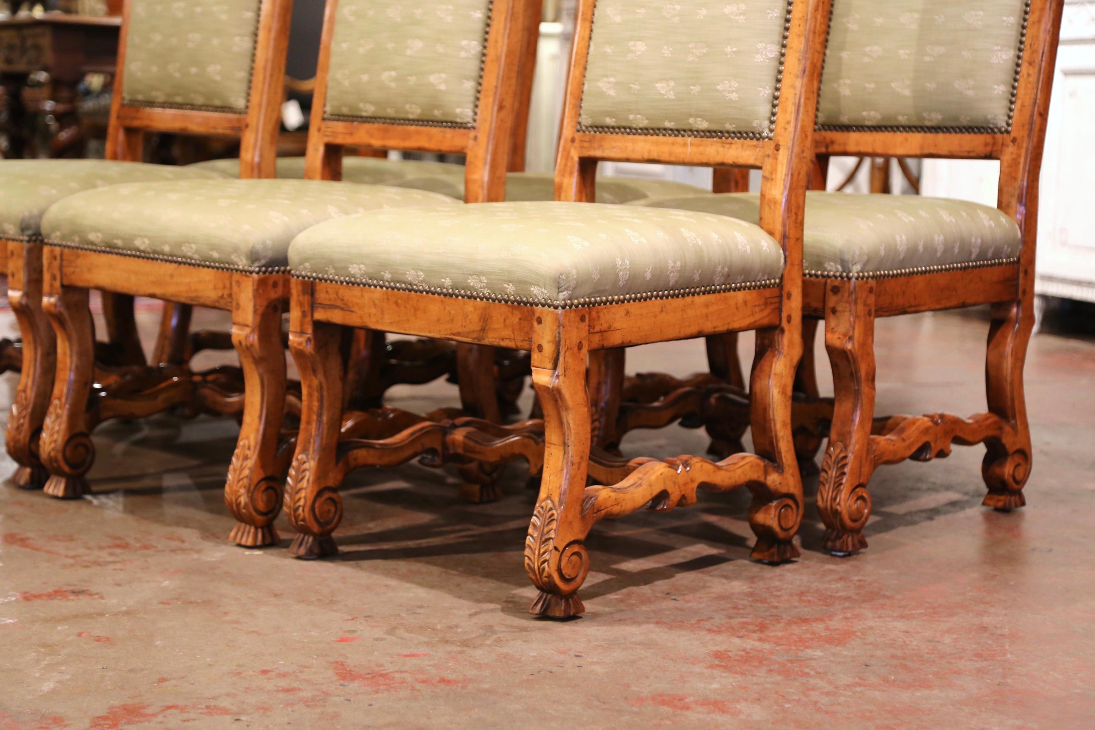 Vintage Set of Six French Louis XIII Carved and Distressed Walnut Dining Chairs In Excellent Condition In Dallas, TX